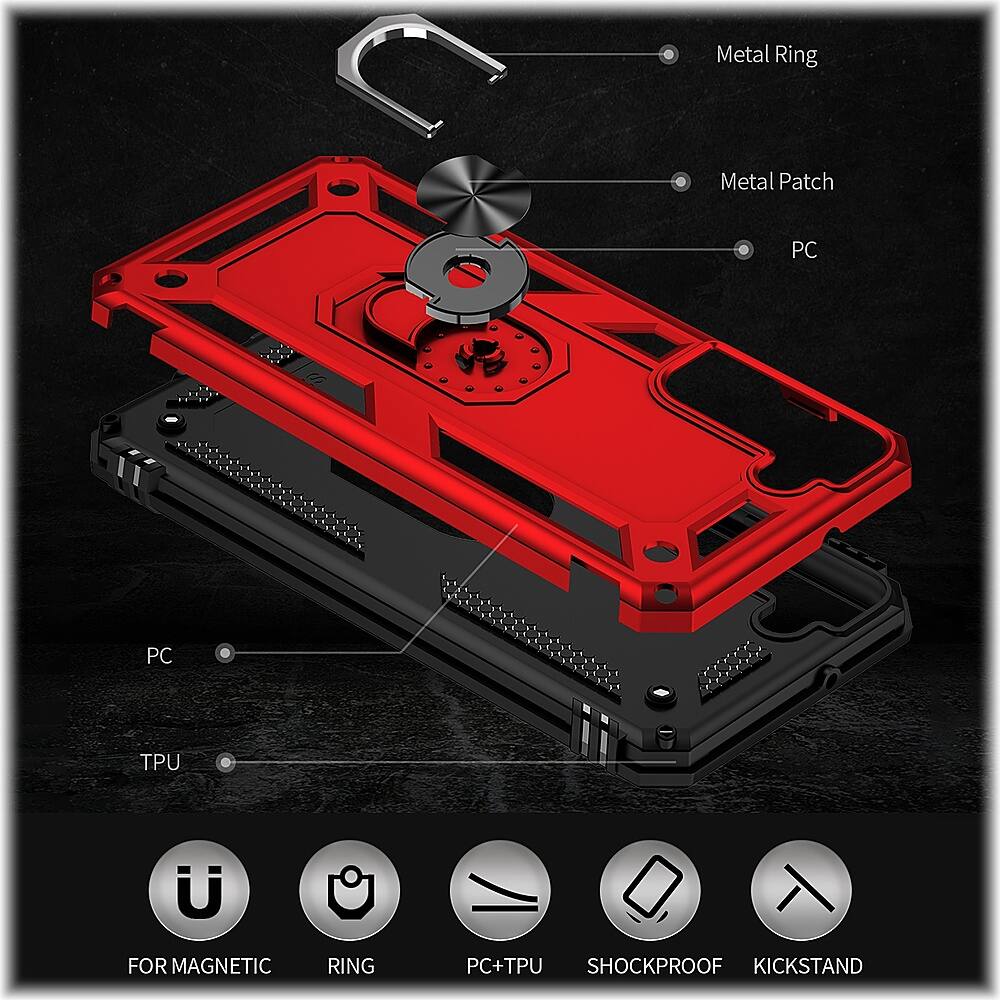 The image features a red hard case for a laptop, with a metal ring and metal patch visible on the case. The case also has a kickstand for added convenience. The case is designed to protect the laptop from impacts and other potential damages.