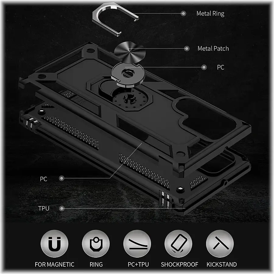 The image shows a close-up view of a cell phone, with labels and descriptions of the various components. The cell phone is described as having a metal ring, a metal patch, and a PC+TPU combination. The image also highlights the shockproof kickstand feature of the cell phone.