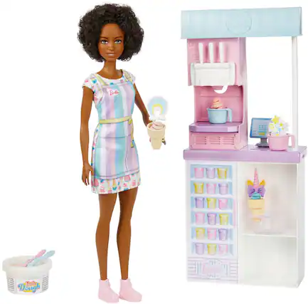 Front. Barbie - Ice Cream Shop Playset with Doll, Brunette.