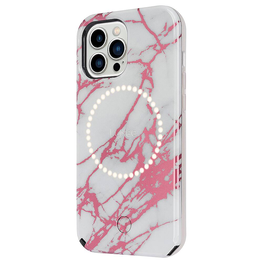 Left View: LuMee - Halo Battery Charger Case for iPhone 13 Pro - Rose Metallic/White Marble