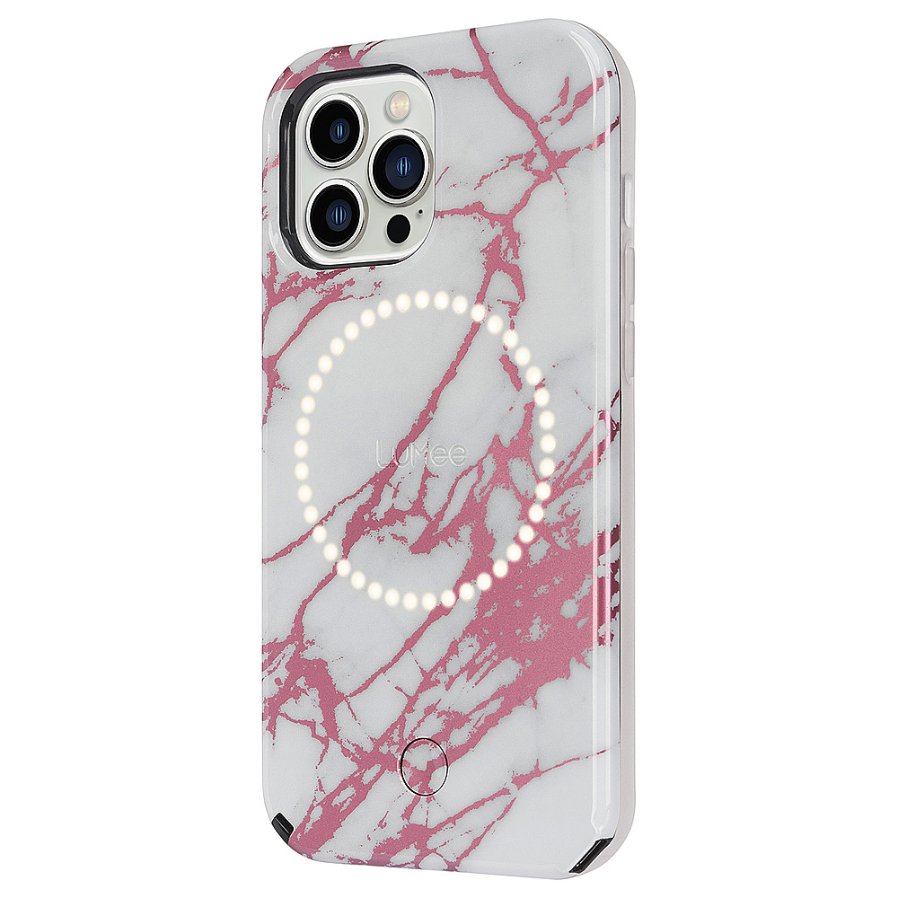 Left View: LuMee - Halo Battery Charger Case for iPhone 13 Pro Max - Rose Metallic/White Marble