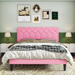 Vecelo - Full Size Upholstered Bed With Adjustable Headboard And Underbed Storage - Metal Platform Bed,Quiet Design - Pink