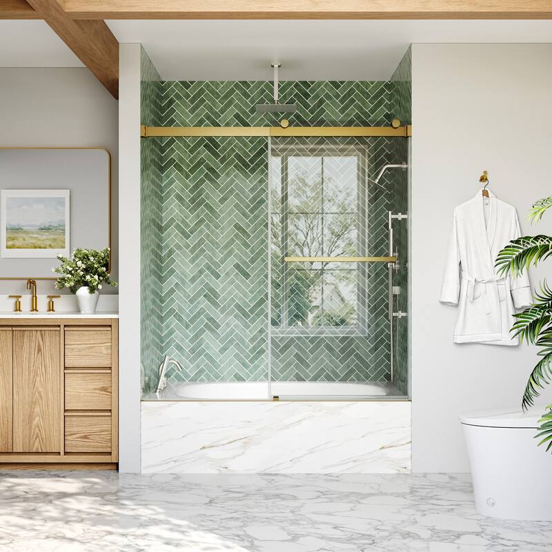Back. WELLFOR - 56-60 in W x 62 in H Double Sliding Frameless Shower Door with 1/4 in. Clear SGCC Tempered Glass - Brushed Gold.