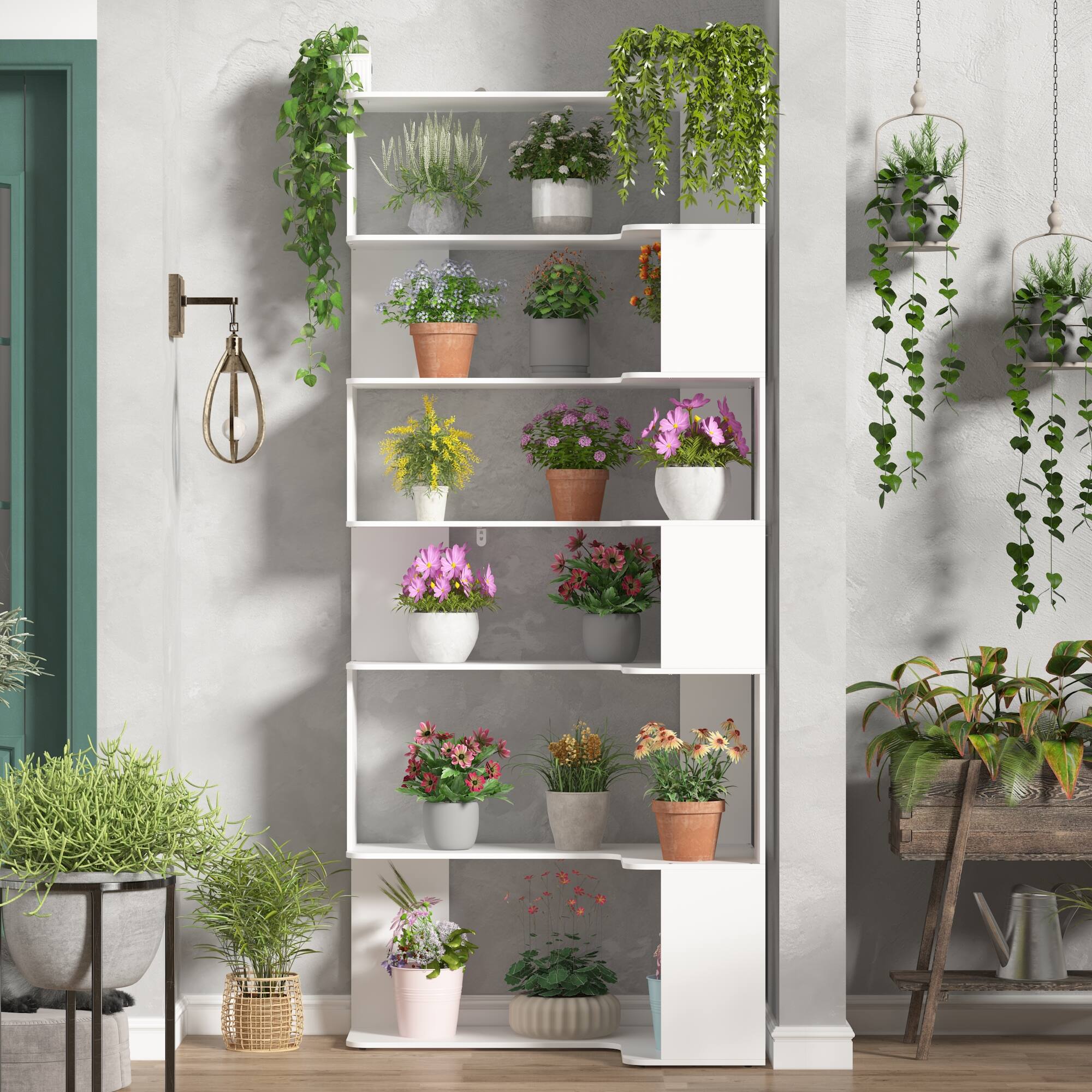 Alt View 2. Famapy - Corner Bookshelf with L-Shaped Display Shelf Multi-Tier Storage – Space-Saving Home Organizer for Living Room - White.