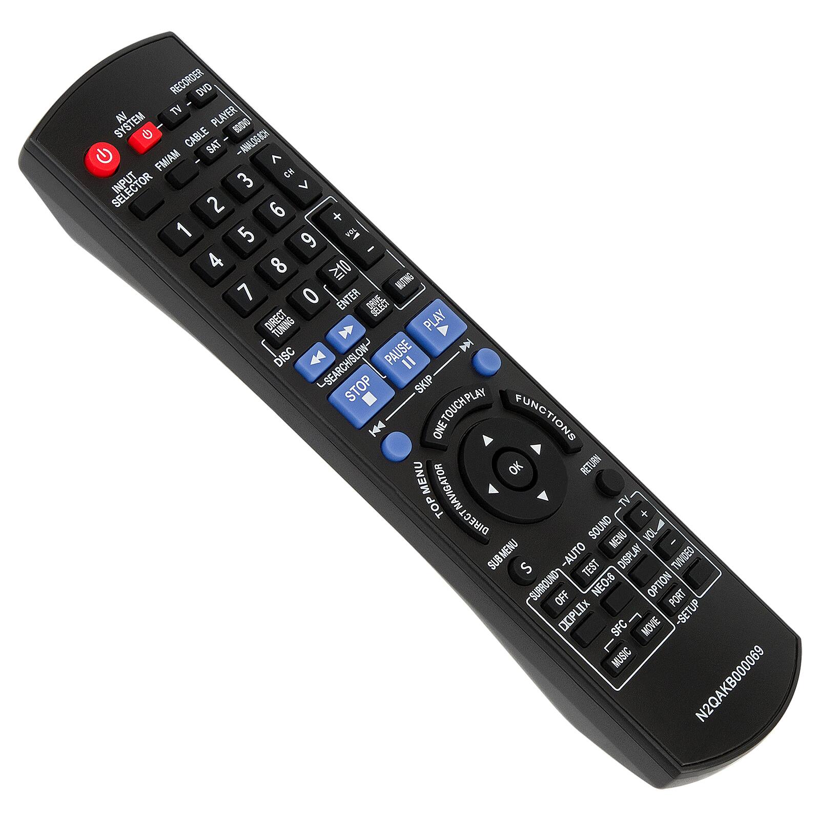 Sure, here is the corrected and grouped text from the image:

**Top Section:**
- RECORDER
- DVD PLAYER
- TV
- CABLE
- SAT
- FM/AM
- INPUT SELECTOR

**Number Pad:**
- 1 2 3
- 4 5 6
- 7 8 9
- 0

**Channel and Volume Controls:**
- CH ↑
- CH ↓
- VOL ↑
- VOL ↓

**Playback Controls:**
- DIRECT TUNING
- DISC SEARCH
- PLAY
- PAUSE
- STOP
- SKIP
- FAST PLAY
- DIRECT NAVIGATOR

**Function Buttons:**
- ENTER
- SELECT
- DIRECT
- DIRECT SOUND
- TV + VO.
- SUB MENU
- SUB S
- AUTO
- TEST
- DISPLAY
- TWINDED
- OFF
- NEO:6
- OPTION
- PORT
- DOPLIX
- MOVE
- SETUP
- SFC
- MUSIC

**Bottom Section:**
- DIRECT MENU
- RETURN
- OK
- SUB MENU
- SOUND
- MENU
- DISPLAY
- TEST
- OFF
- NEO:6