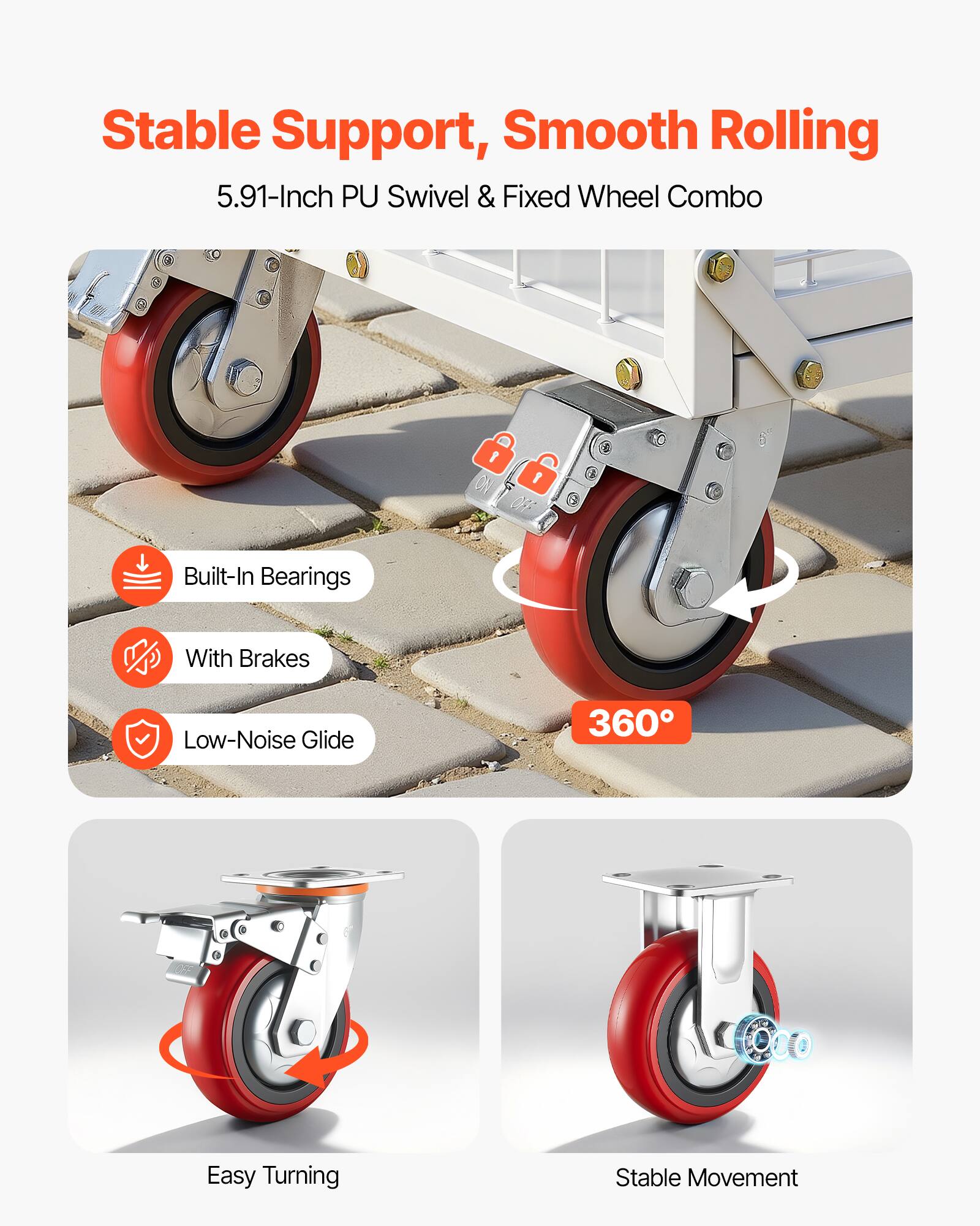 Stable Support, Smooth Rolling  
5.91-Inch PU Swivel & Fixed Wheel Combo  
Built-In Bearings With Brakes  
Low-Noise Glide  
360° Easy Turning  
Stable Movement
