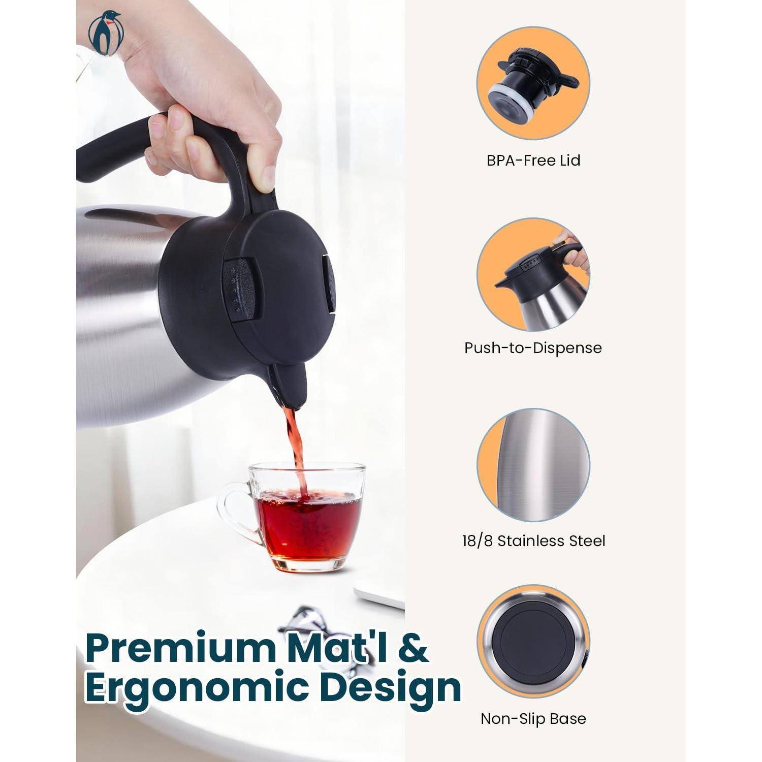 BPA-Free Lid  
Push-to-Dispense  
18/8 Stainless Steel  
Premium Material & Ergonomic Design  
Non-Slip Base