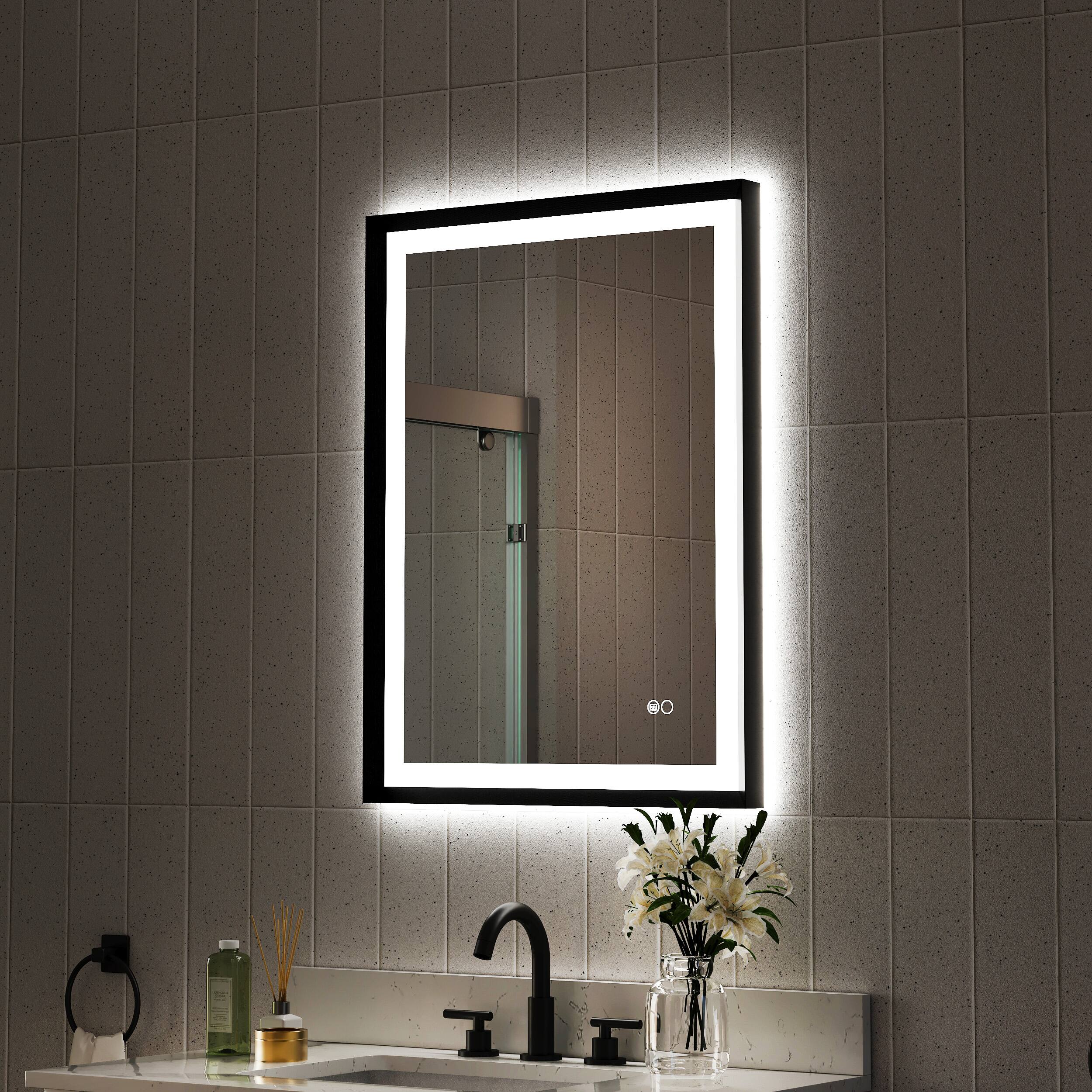 Left. WELLFOR - 24 in W x 32 in. H Rectangular Single Aluminum Framed Anti-Fog LED Light Wall Bathroom Vanity Mirror - Matte Black.