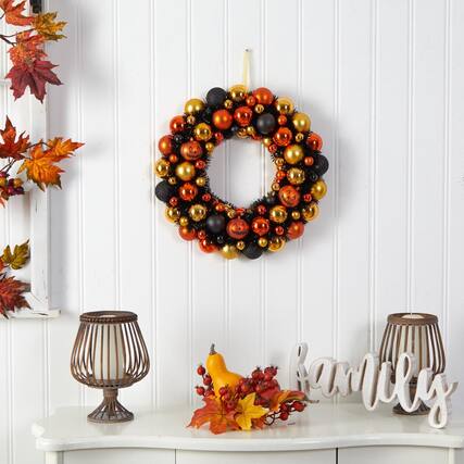 Front. BreeBe - 19" Halloween Shatterproof Jack O'lantern Ornament Wreath - Green.