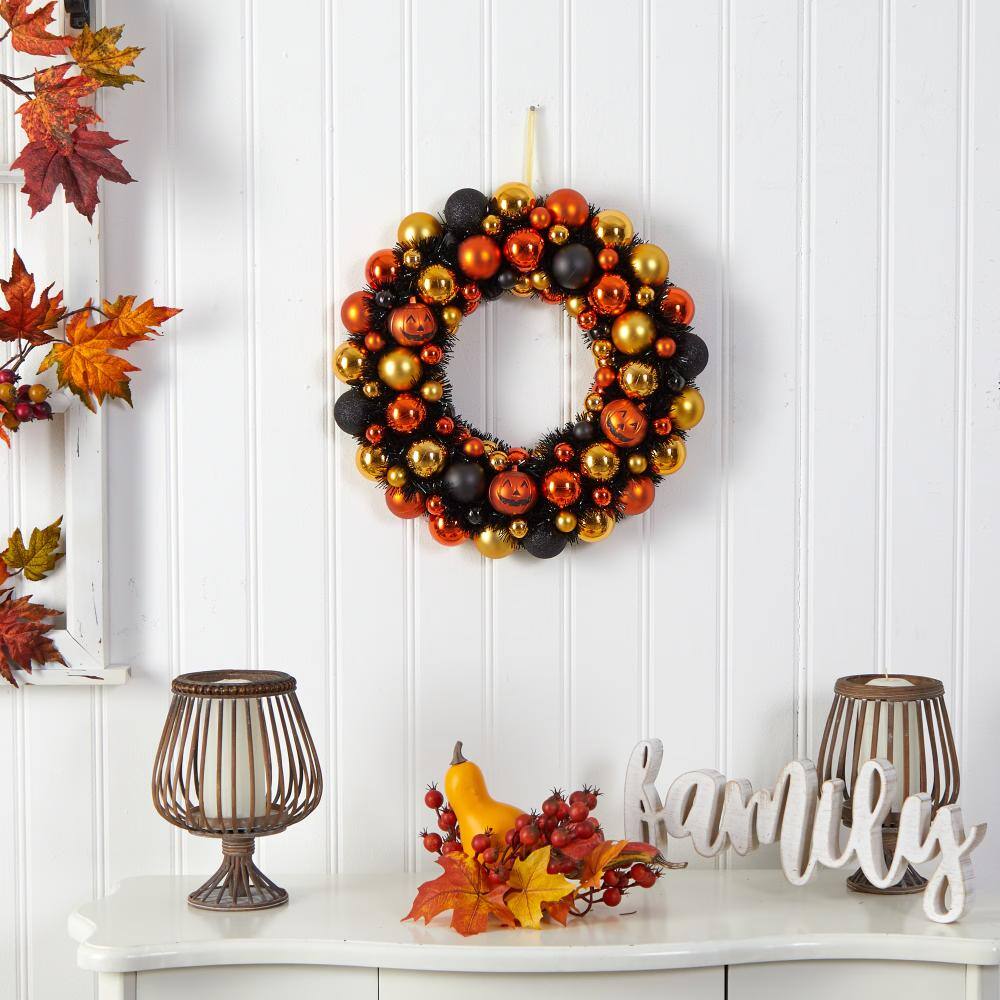 Front. BreeBe - 19" Halloween Shatterproof Jack O'lantern Ornament Wreath - Green.