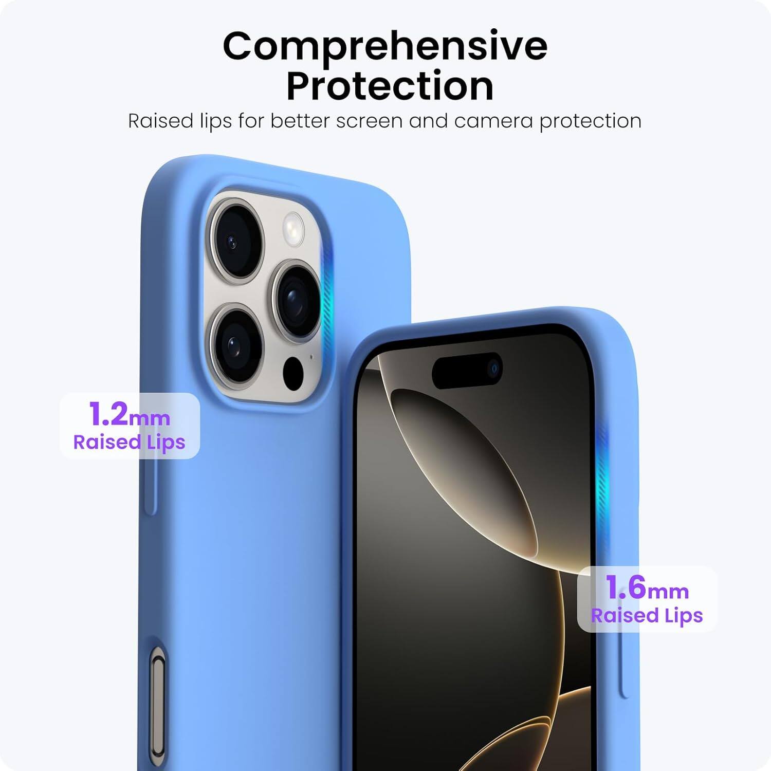 Comprehensive Protection
Raised lips for better screen and camera protection
1.2mm Raised Lips
1.6mm Raised Lips