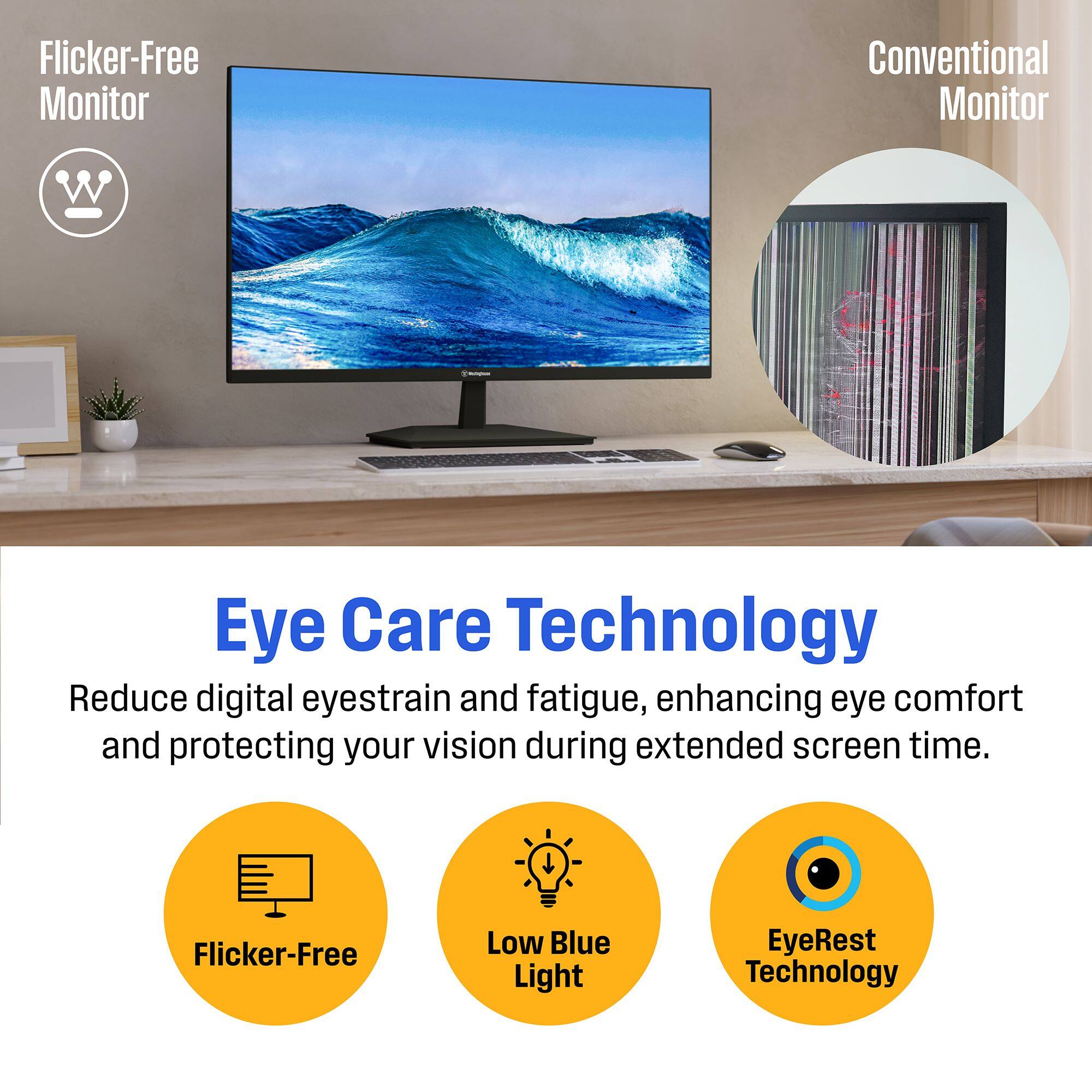 The text on the image is grouped and corrected as follows:

Eye Care Technology:
Reduce digital eyestrain and fatigue, enhancing eye comfort and protecting your vision during extended screen time.

Flicker-Free Monitor:
Conventional Monitor

Flicker-Free Low Blue Light EyeRest Technology:
