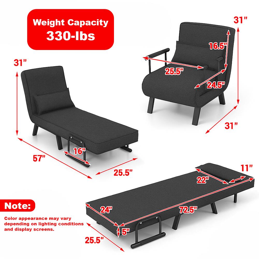 Weight Capacity: 330-lbs

Dimensions:
- Length: 57"
- Width: 25.5"
- Height: 31"
- Seat Depth: 25.5"
- Armrest Height: 16.5"
- Back Height: 31"
- Seat Width: 24.5"
- Armrest Width: 31"
- Footrest Length: 72.5"
- Footrest Width: 22"
- Footrest Height: 11"
- Base Width: 24"
- Base Height: 5"

Note: Color appearance may vary depending on lighting conditions and display screens.