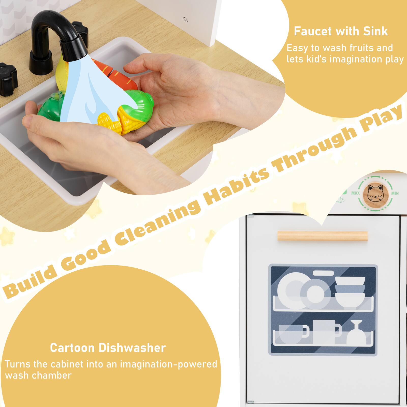 - Faucet with Sink
  - Easy to wash fruits and lets kid's imagination play

- Build Good Cleaning Habits Through Play

- Cartoon Dishwasher
  - Turns the cabinet into an imagination-powered wash chamber