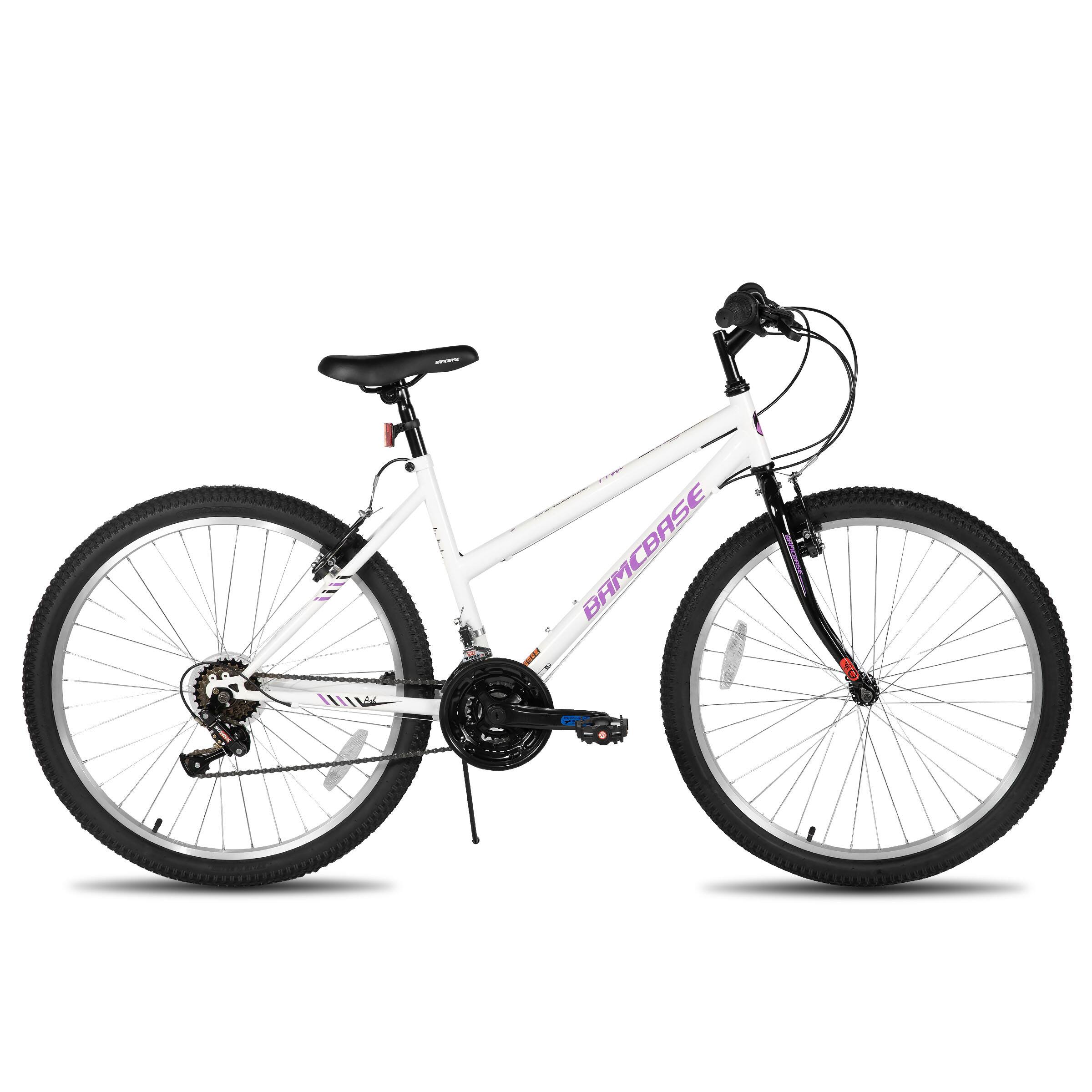 Angle. HILAND - BAMCBASE Lavender 26'' Step-through Mountain Bike with 18-Speed, High-Tensile Steel Frame Bicycle, MTB Women, White - white.