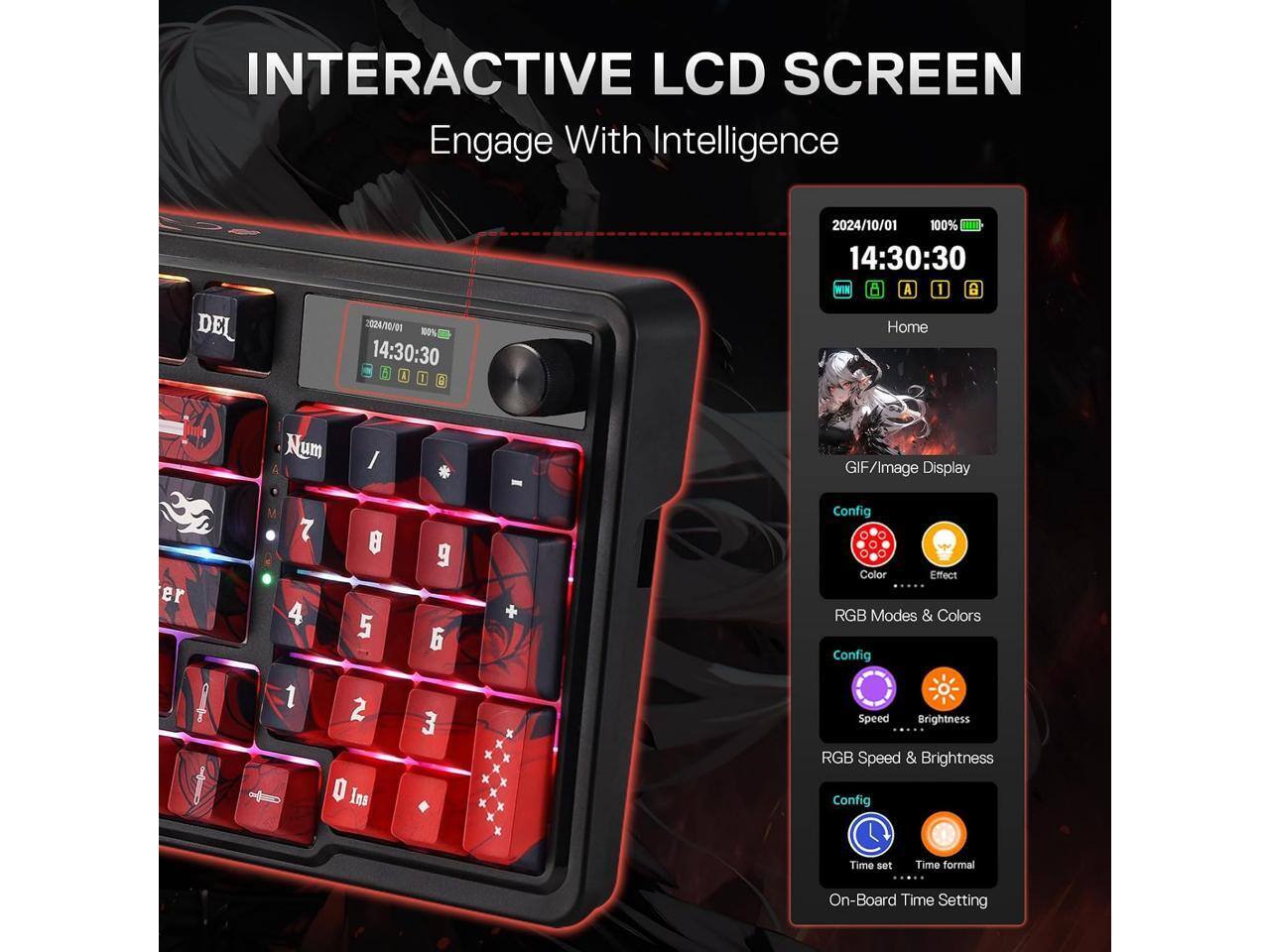 INTERACTIVE LCD SCREEN Engage With Intelligence

DEL
2024/10/01 100% 14:30:30 A 1 0
2024/10/01 100% com 14:30:30 WIN  A 1 8 Home

Num A
GIF/Image Display
er
M
7 4
8 5
9 6
+
Config Color Effect RGB Modes & Colors Config
1 I
2 0 Ins
3
Speed Brightness RGB Speed & Brightness Config
Time set
Time formal
On-Board Time Setting