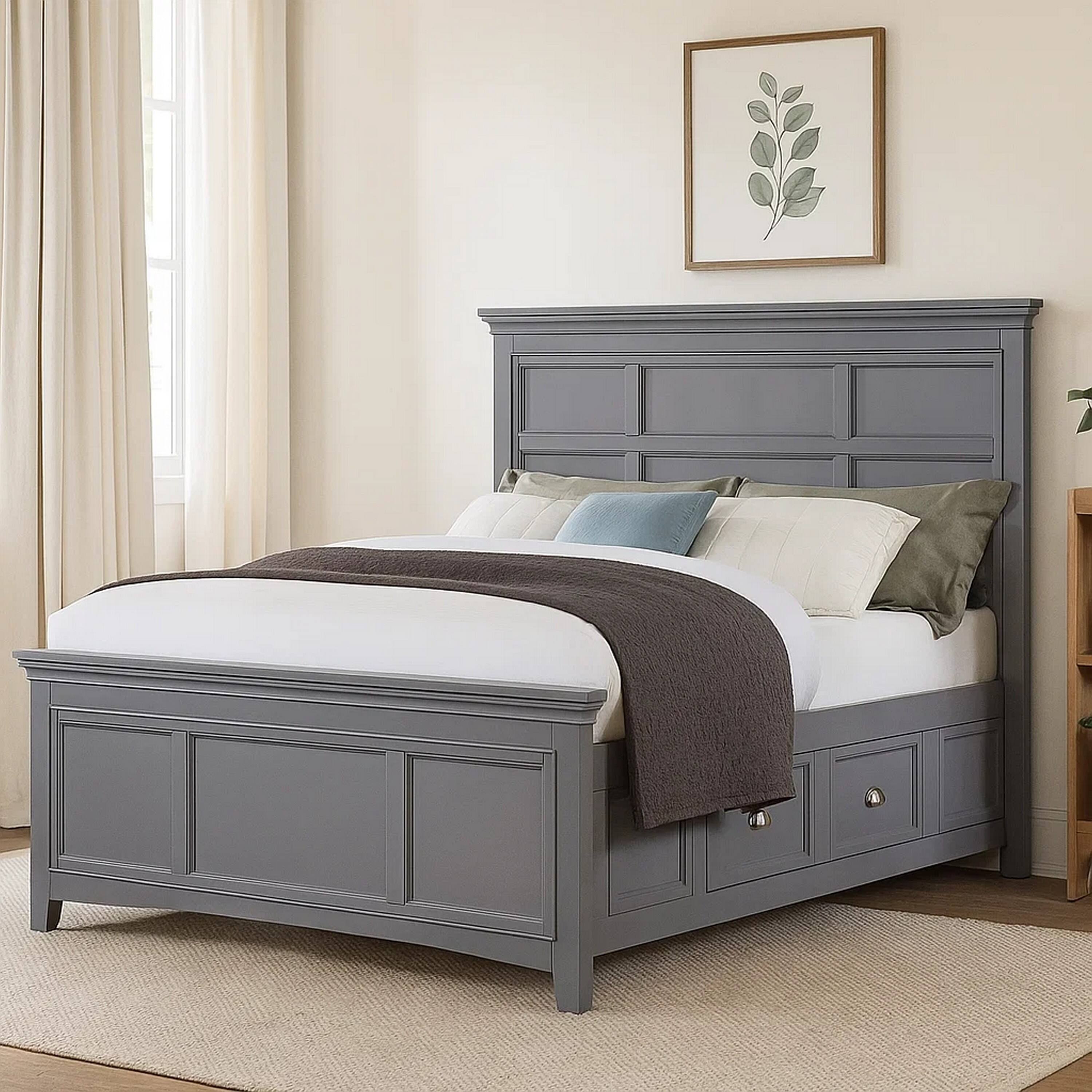 Alt View 3. Manhattan Lane - Lile Full Bed with Crown Moulding, Storage Drawers, Gray Solid Wood - Gray, Chrome.