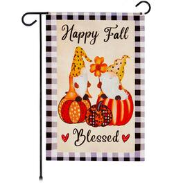 G128 - Garden Flag Happy Fall Blessed Two Gnomes on Pumpkins 12 x 18 inch Blockout Fabric - Assorted Colors