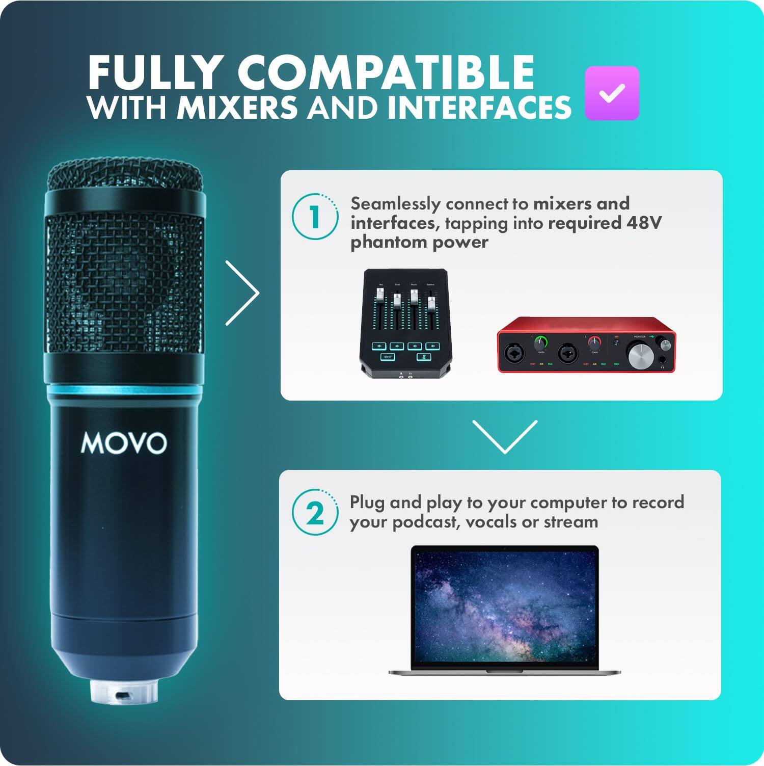 FULLY COMPATIBLE WITH MIXERS AND INTERFACES

1. Seamlessly connect to mixers and interfaces, tapping into required 48V phantom power

2. Plug and play to your computer to record your podcast, vocals or stream