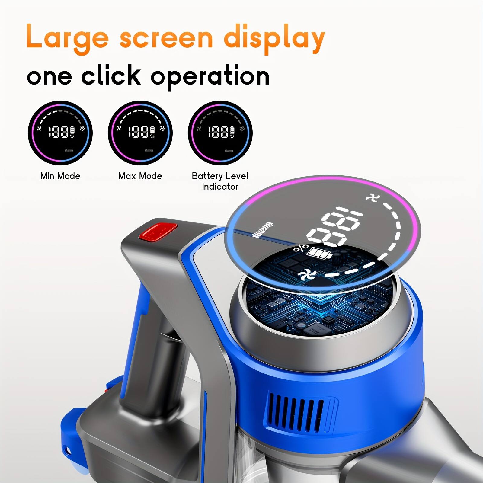 Large screen display  
one click operation  

Min Mode  
Max Mode  
Battery Level Indicator  

100%  
100%  
100%