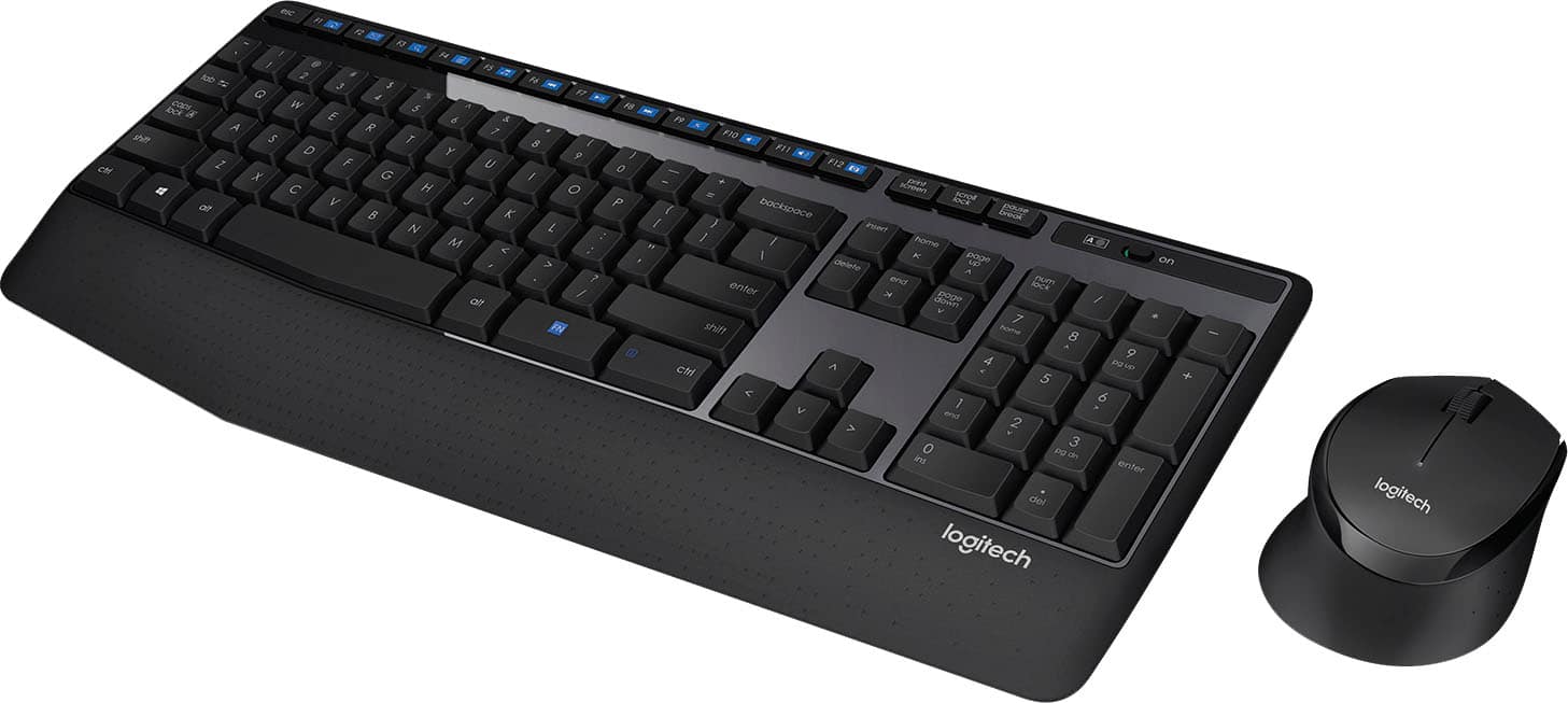 The image shows a black keyboard and mouse from the Logitech brand. The keyboard has a sleek design and is placed on a white background. The mouse is positioned next to the keyboard, making it a complete computer setup.