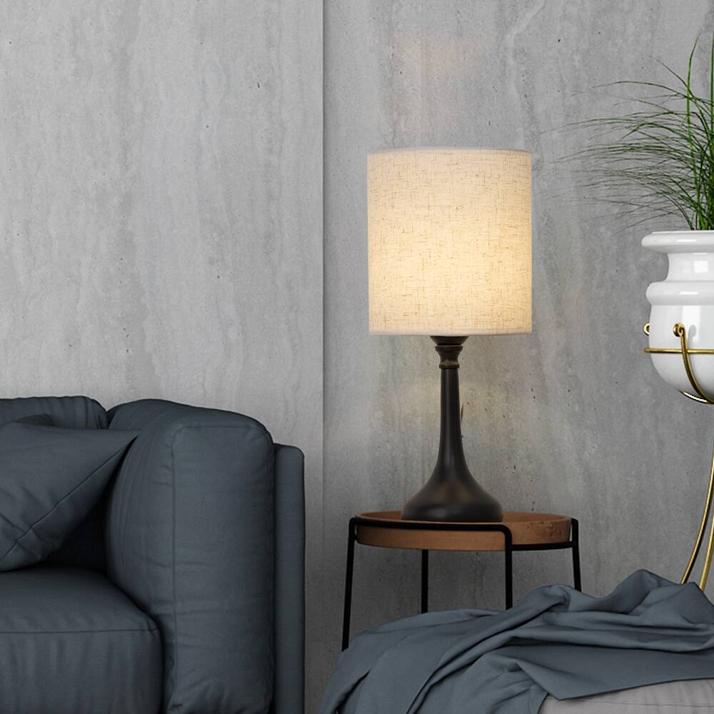 Alt View 1. Oumilen - Curved Black Metal Table Lamp with Natural Linen Cylinder Shade.
