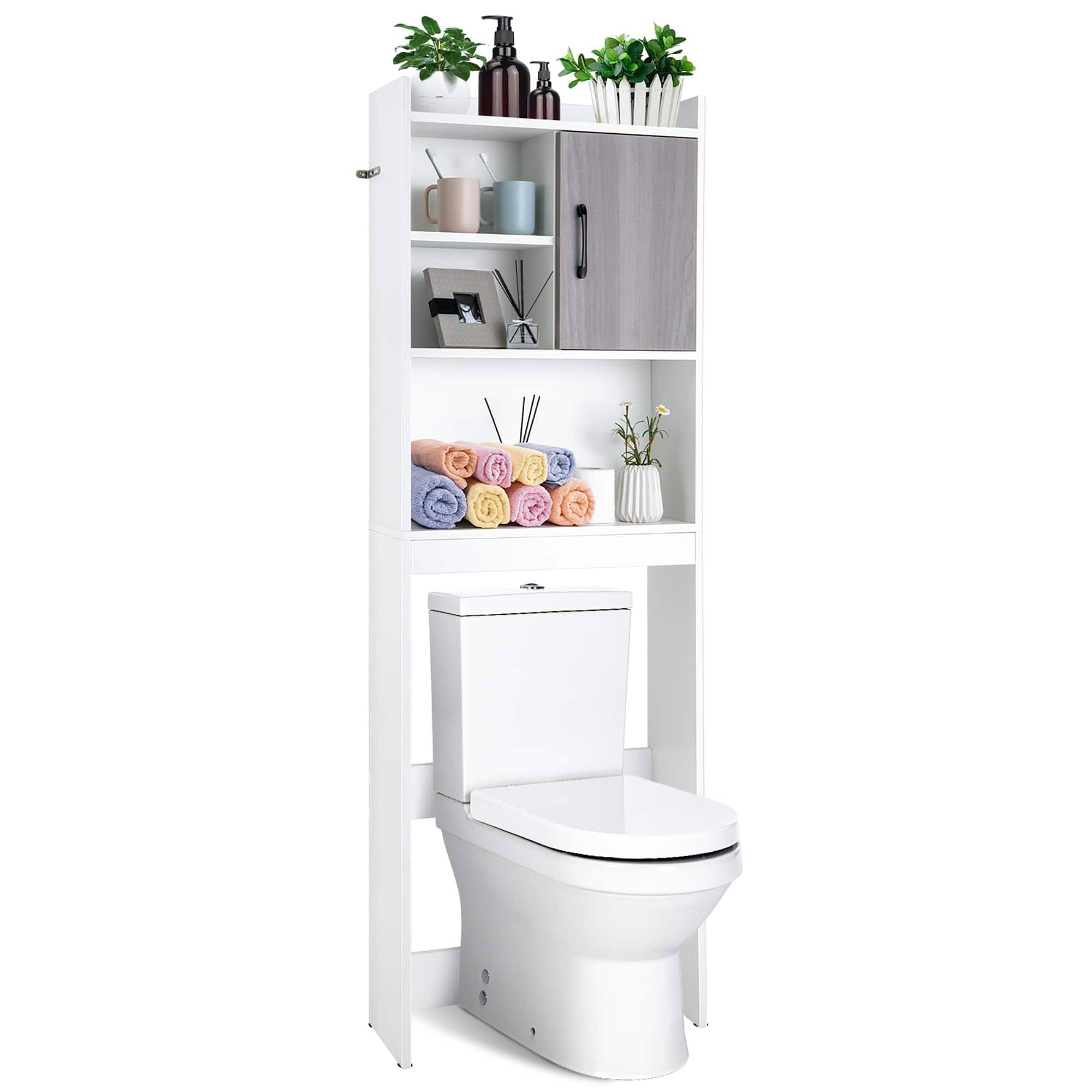 Costway - Over The Toilet Storage Cabinet Bathroom Space Saver w/ Open Shelves & Door - White