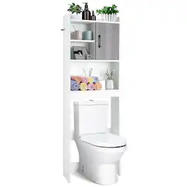 Costway - Over The Toilet Storage Cabinet Bathroom Space Saver w/ Open Shelves & Door - White