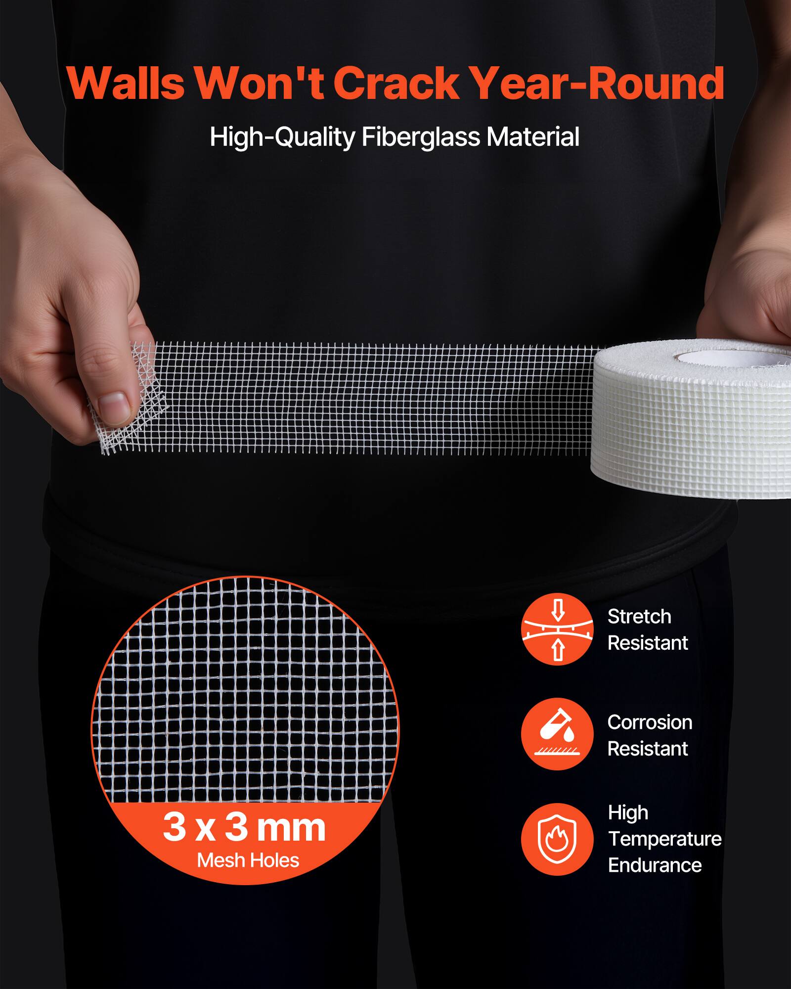 Walls Won't Crack Year-Round  
High-Quality Fiberglass Material  

- Stretch Resistant  
- Corrosion Resistant  
- High Temperature Endurance  

3 x 3 mm Mesh Holes