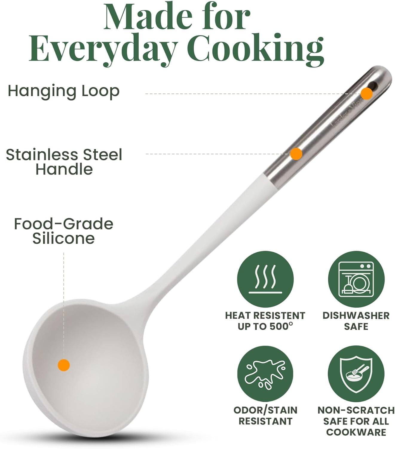 Made for Everyday Cooking

- Hanging Loop
- Stainless Steel Handle
- Food-Grade Silicone

- HEAT RESISTENT UP TO 500°
- DISHWASHER SAFE
- ODOR/STAIN RESISTANT
- NON-SCRATCH SAFE FOR ALL COOKWARE
