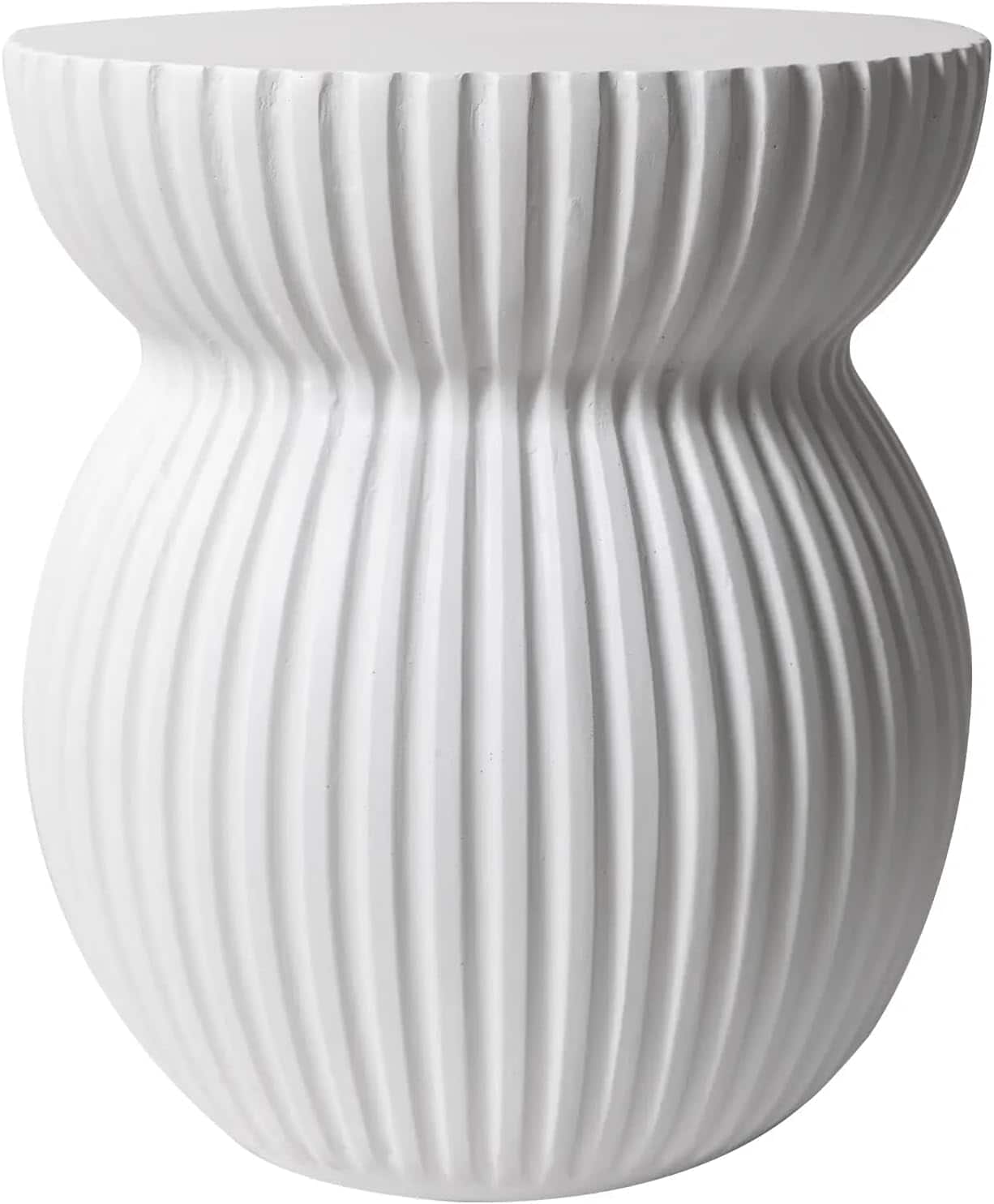Front. LeisureMod - Mander Sculptural Hourglass Side Table - Ribbed Fiberstone Weather Resistant Outdoor Accent Table - White.