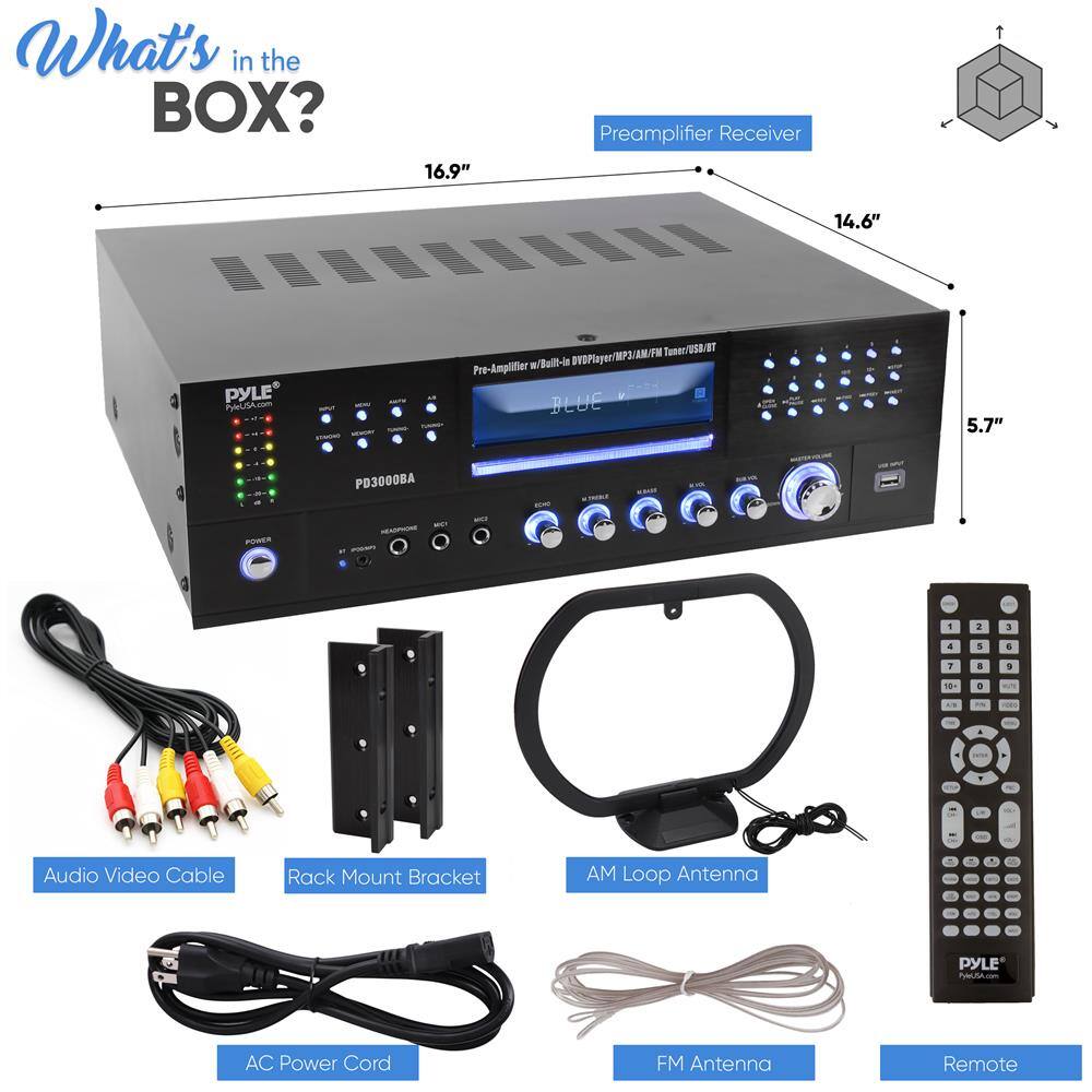 What's in the BOX?

- Preamplifier Receiver
- Audio Video Cable
- Rack Mount Bracket
- AM Loop Antenna
- AC Power Cord
- FM Antenna
- Remote

Dimensions:
- 16.9" (width)
- 14.6" (depth)
- 5.7" (height)