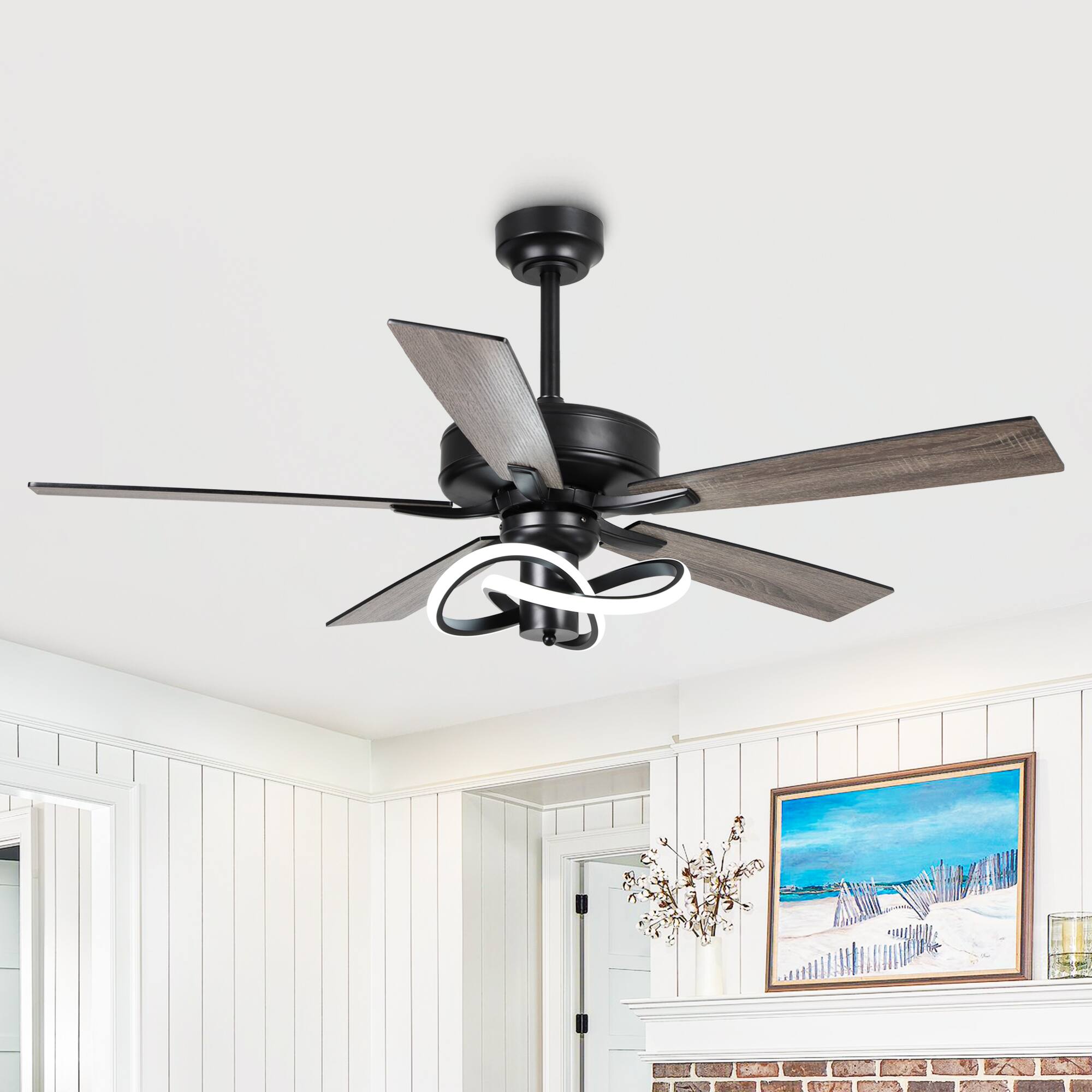 Left. Parrot Uncle - 52-Inch Modern Black Integrated LED Ceiling Fan with Light and Remote Control - Black.