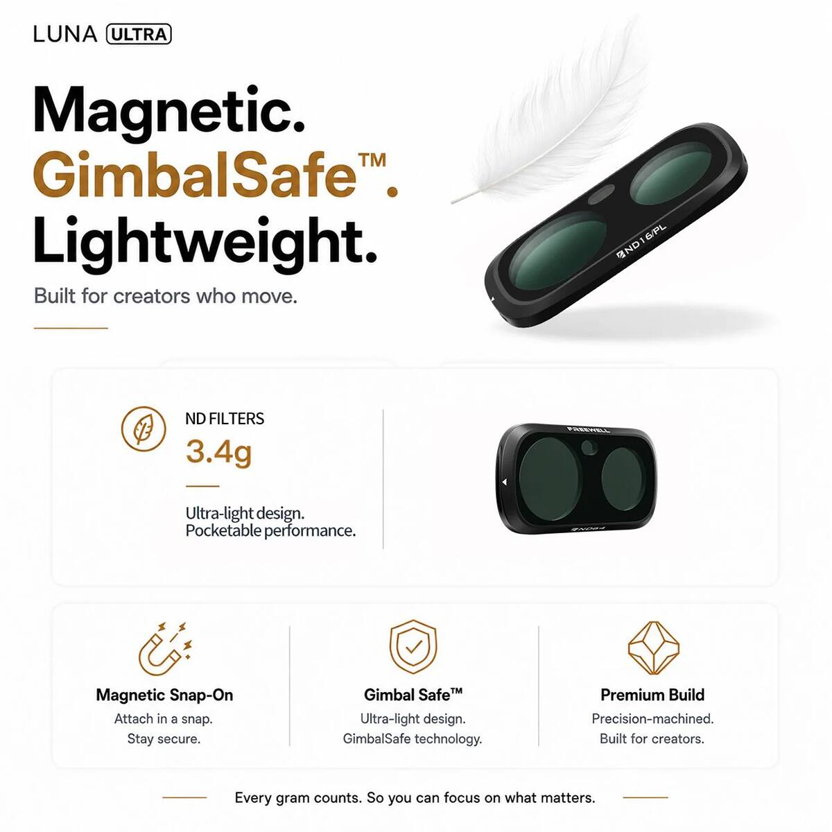 LUNA ULTRA Magnetic. TM GimbalSafe™ Lightweight. Built for creators who move.

ND FILTERS
3.4g
Ultra-light design. Pocketable performance.

Magnetic Snap-On
Attach in a snap. Stay secure.

Gimbal Safe™
Ultra-light design. GimbalSafe™ technology.

Premium Build
Precision-machined. Built for creators.

Every gram counts. So you can focus on what matters.