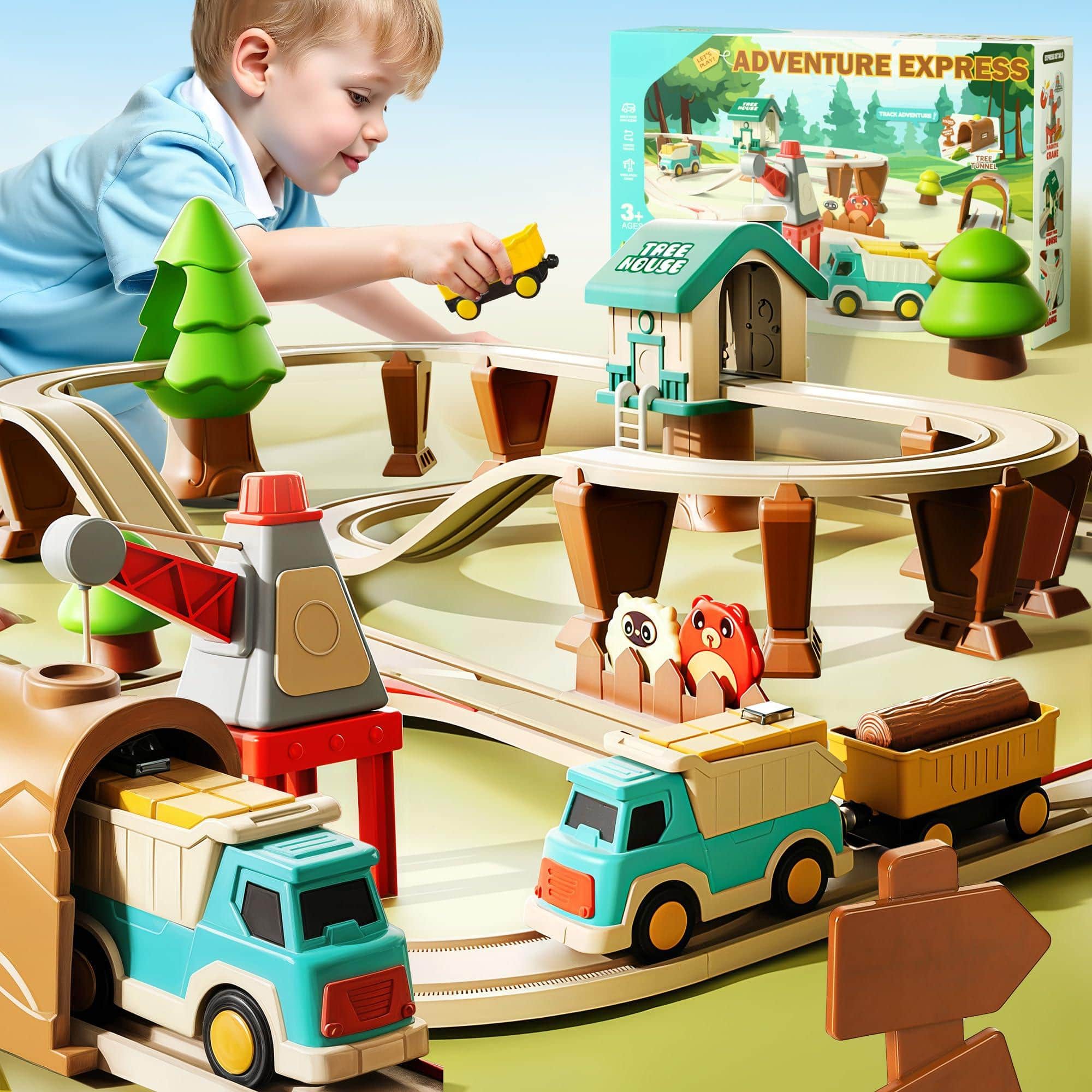 EZTW1 - Iplay Ilearn Construction Track Set Electric Motorized Magnetic Truck W tractor Crane Forest Railway Engineering - Default