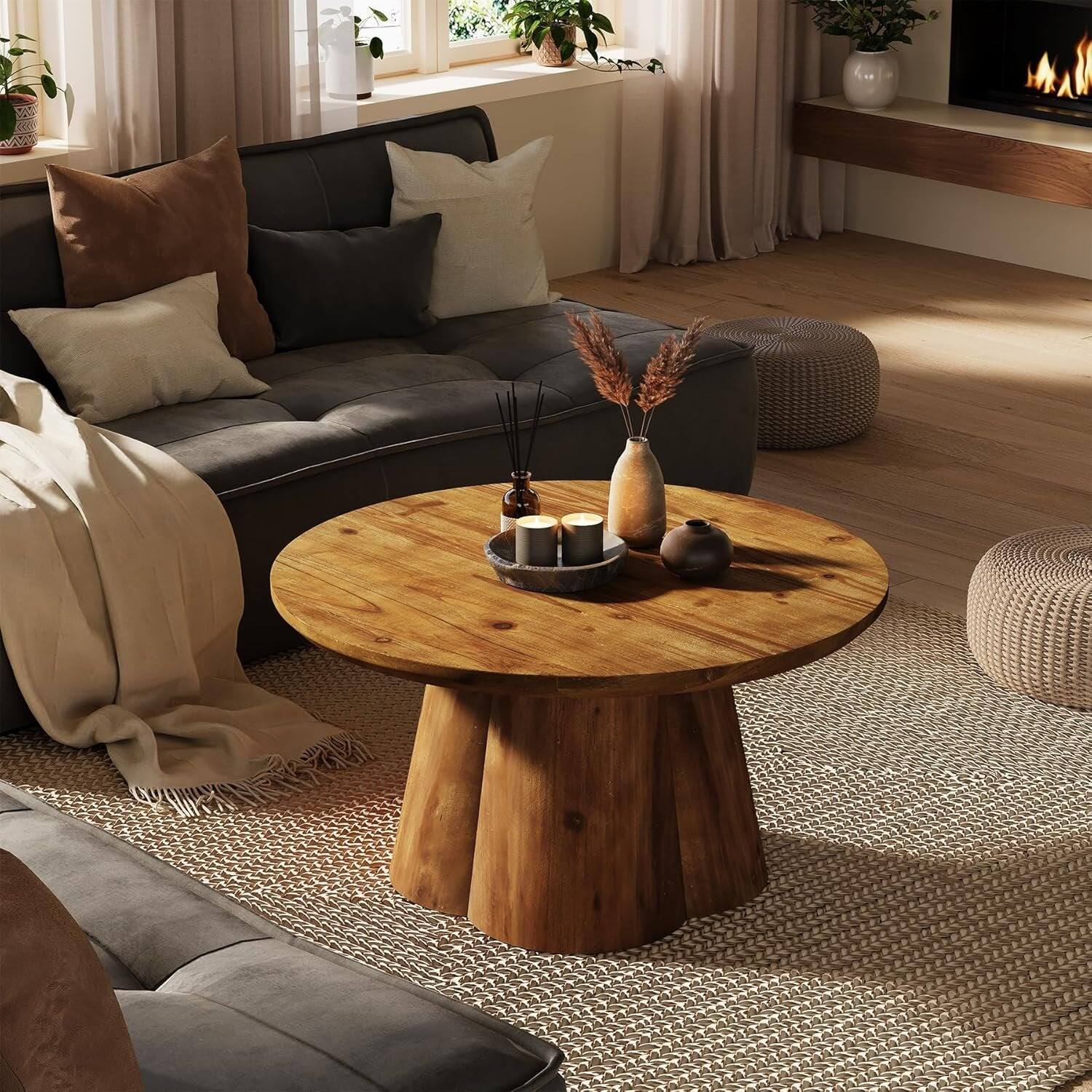 Angle. Tribesigns - Solid Wood Coffee Table with Space-Saving Design and Round Top for Books, Drinks and Everyday Essentials - Brown.