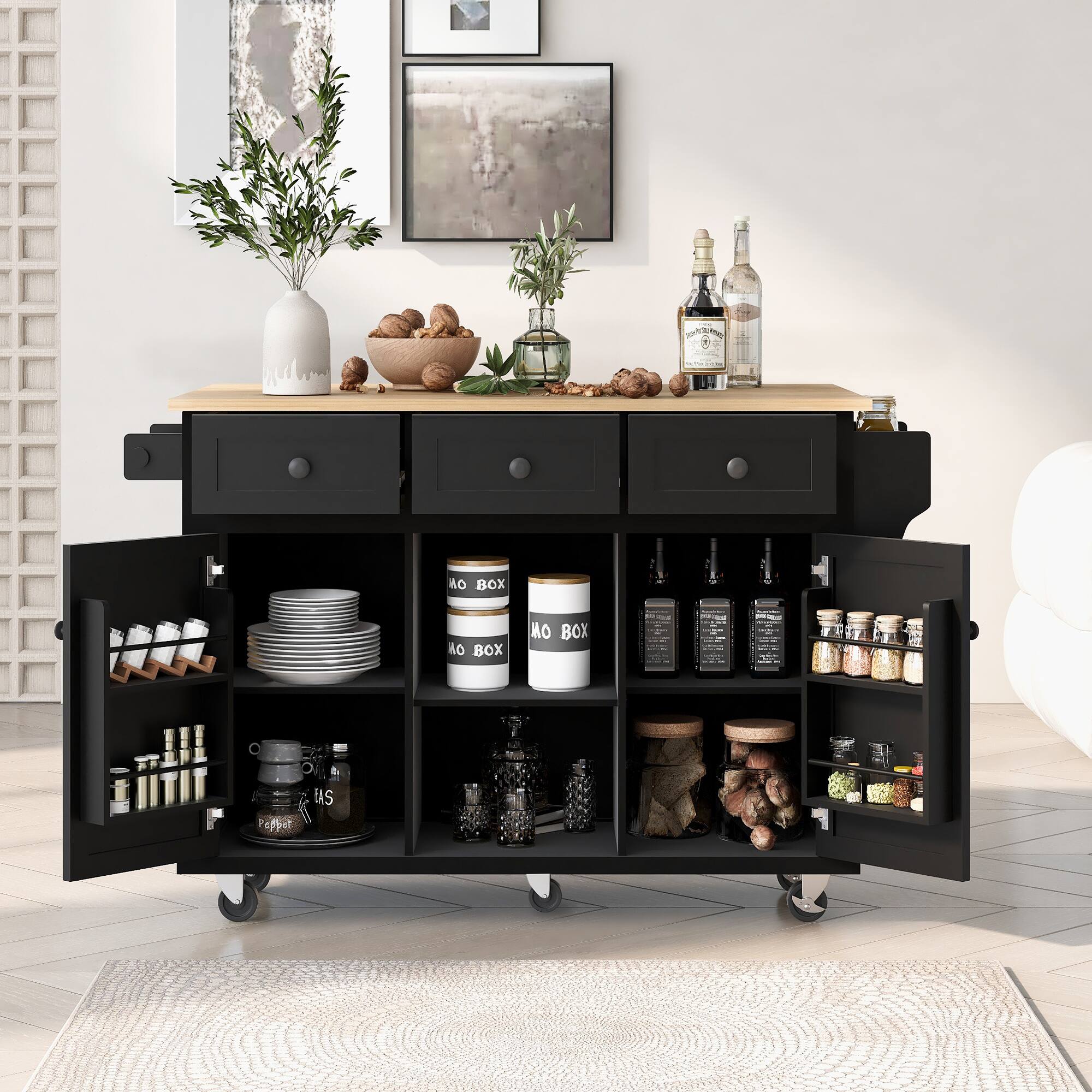Tiramisubest - Kitchen Cart with Drop-Leaf Countertop,Door Internal Racks,Kitchen Island on 5 Wheels with Storage Cabinet and 3 Drawers - Black