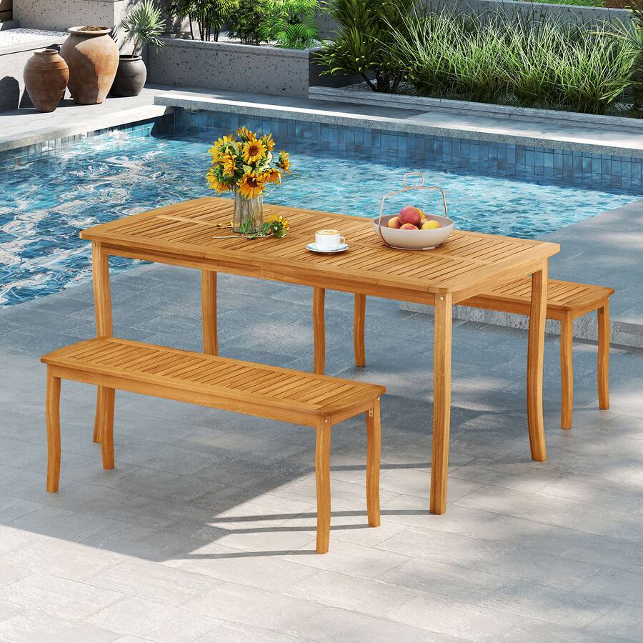 Gymax 47'' Long Patio Dining Bench w/ Slatted Seat Backless Wooden ...