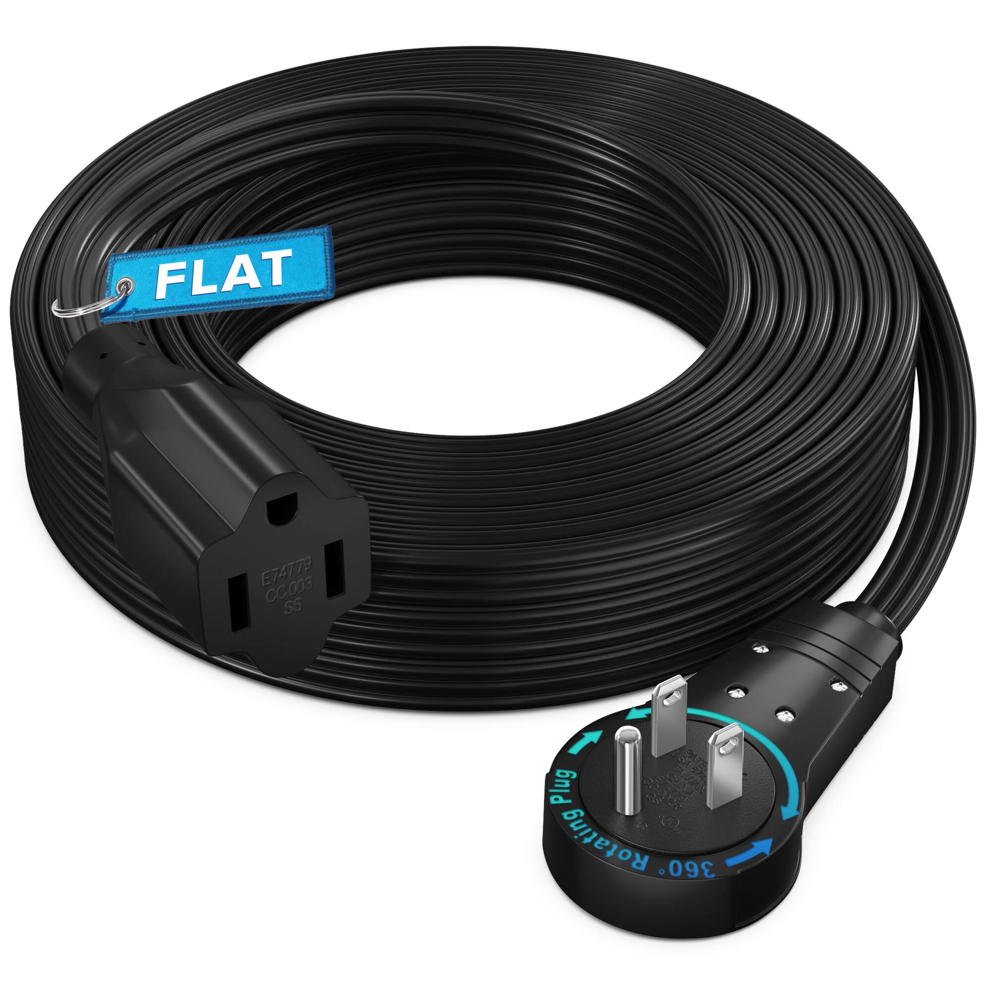 Maximm - 360° Rotating Flat Plug Extension Cord 25 feet Flat Cord Under Carpet with Slim Space-Saving Plug Design - Black