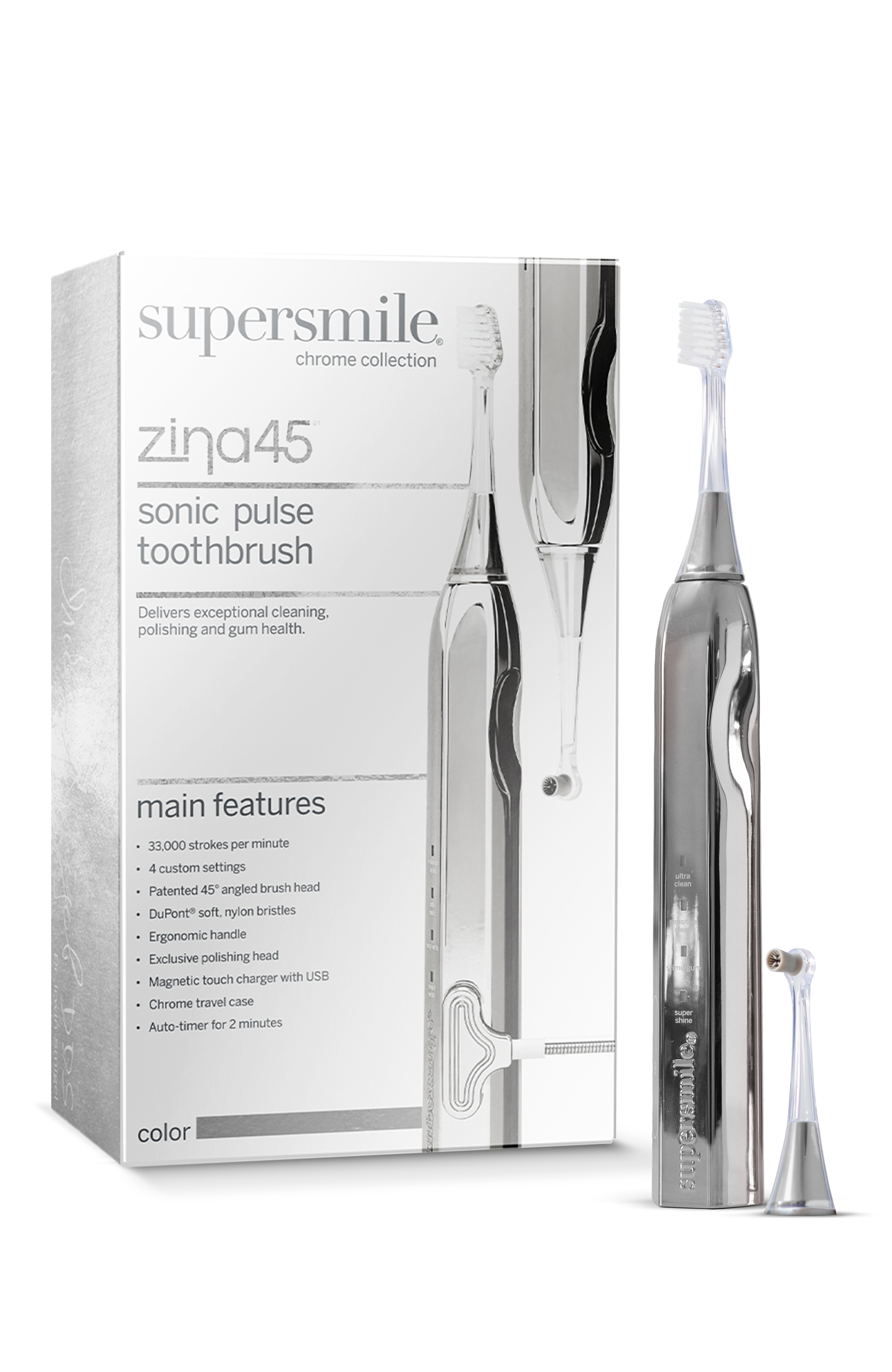 SuperSmile - Zina45™ Sonic Pulse Toothbrush with Case - Chrome Silver