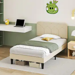 Vecelo - Twin Size Upholstered Bed With Adjustable Headboard And Underbed Storage - Metal Platform Bed,Quiet Design - Beige