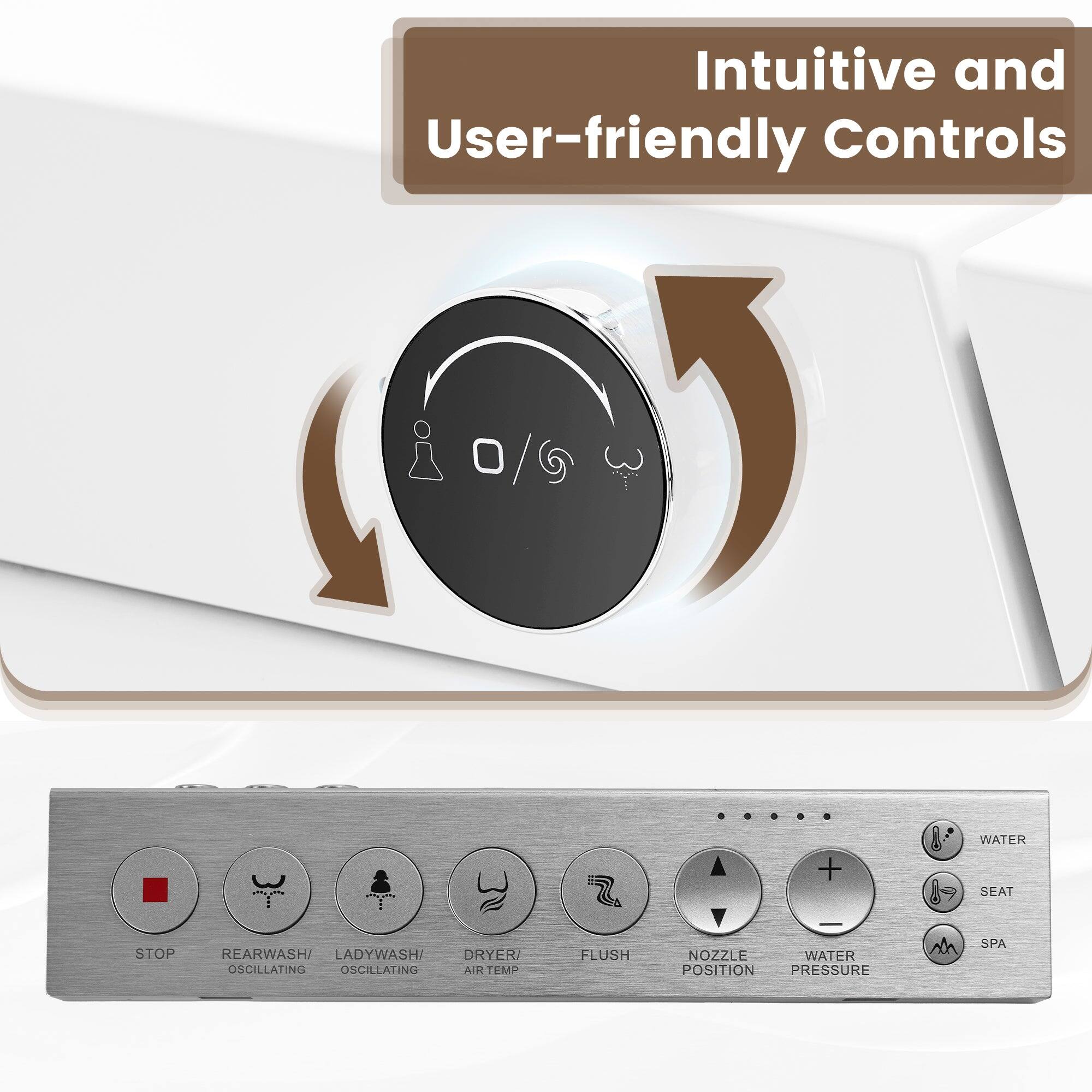 Intuitive and User-friendly Controls

- STOP
- REARWASH/OSCILLATING
- LADYWASH/OSCILLATING
- DRYER/AIR TEMP
- FLUSH
- NOZZLE POSITION
- WATER PRESSURE
- WATER
- SEAT
- SPA