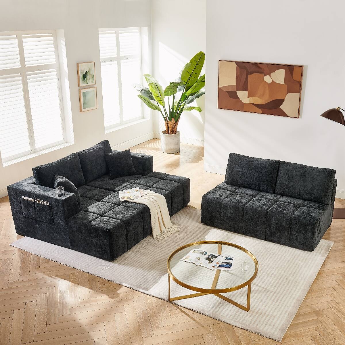 Back. Ropilly - Ropilly U Shaped Chenille Sectional Sofa, Cloud Style Upholstered Couch, Black Modular Sectional Couch - Black.