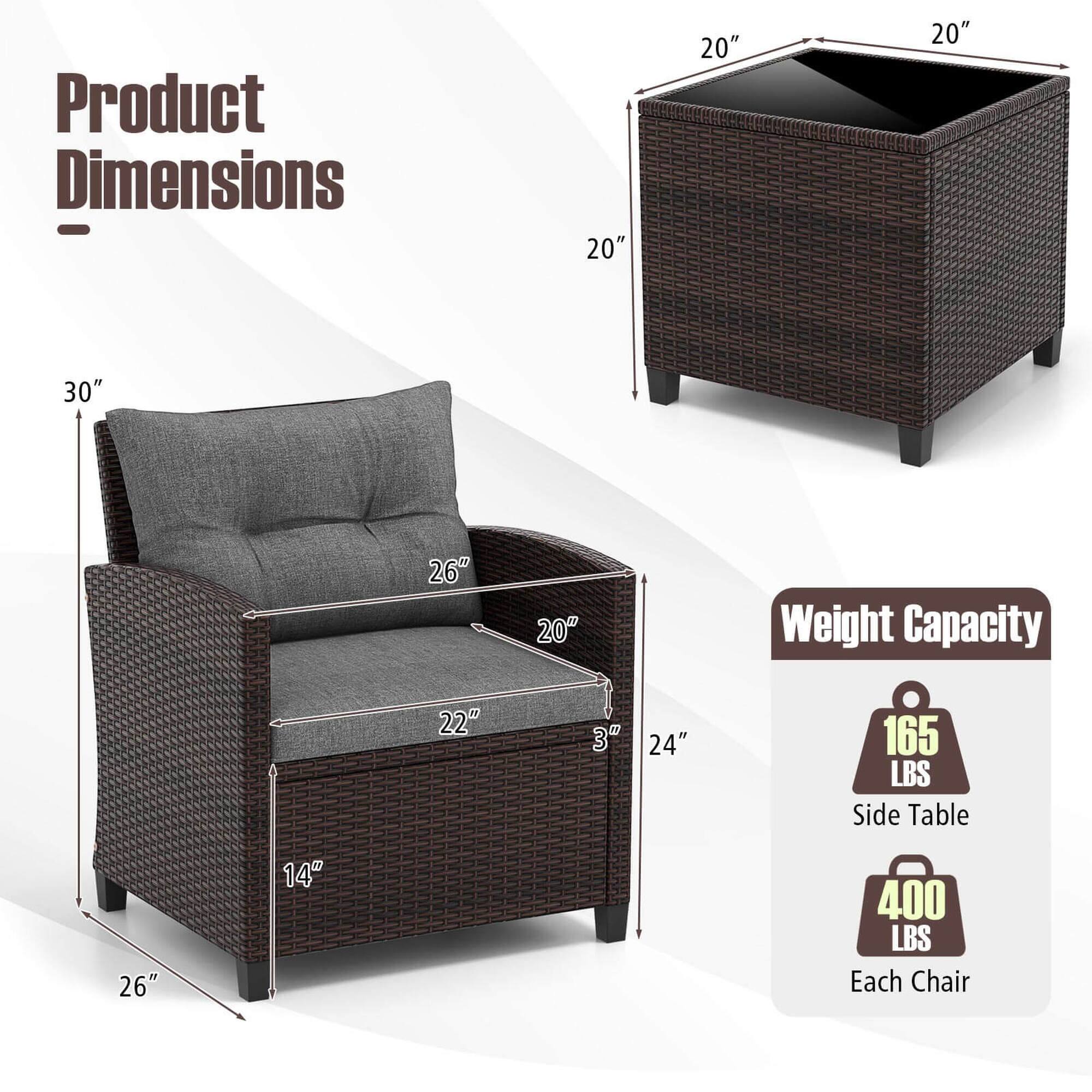 Product Dimensions: 20" x 20" x 20" x 30" x 26" x 20"
Weight Capacity: 22" x 3" x 24" x 165 LBS
Side Table: 26" x 14" x 400 LBS
Each Chair: 26" x 14" x 400 LBS