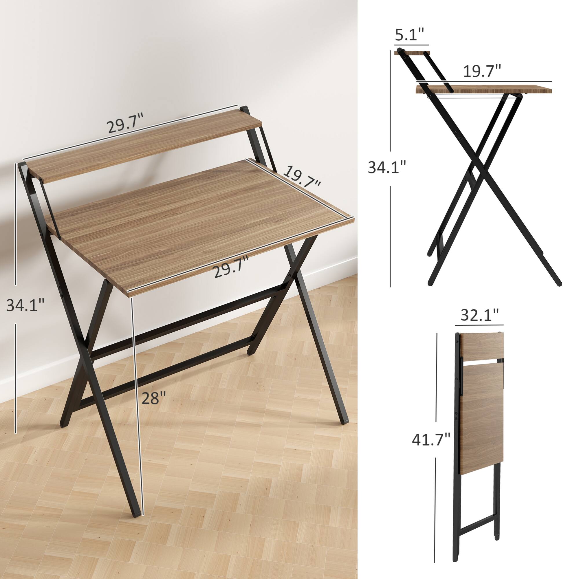 Sure, here is the corrected and grouped text from the image:

- **Table Dimensions:**
  - Length: 29.7"
  - Width: 19.7"
  - Height: 28"

- **Folded Dimensions:**
  - Height: 5.1"
  - Width: 19.7"
  - Depth: 34.1"

- **Shelf Dimensions:**
  - Height: 32.1"
  - Overall Height: 41.7"