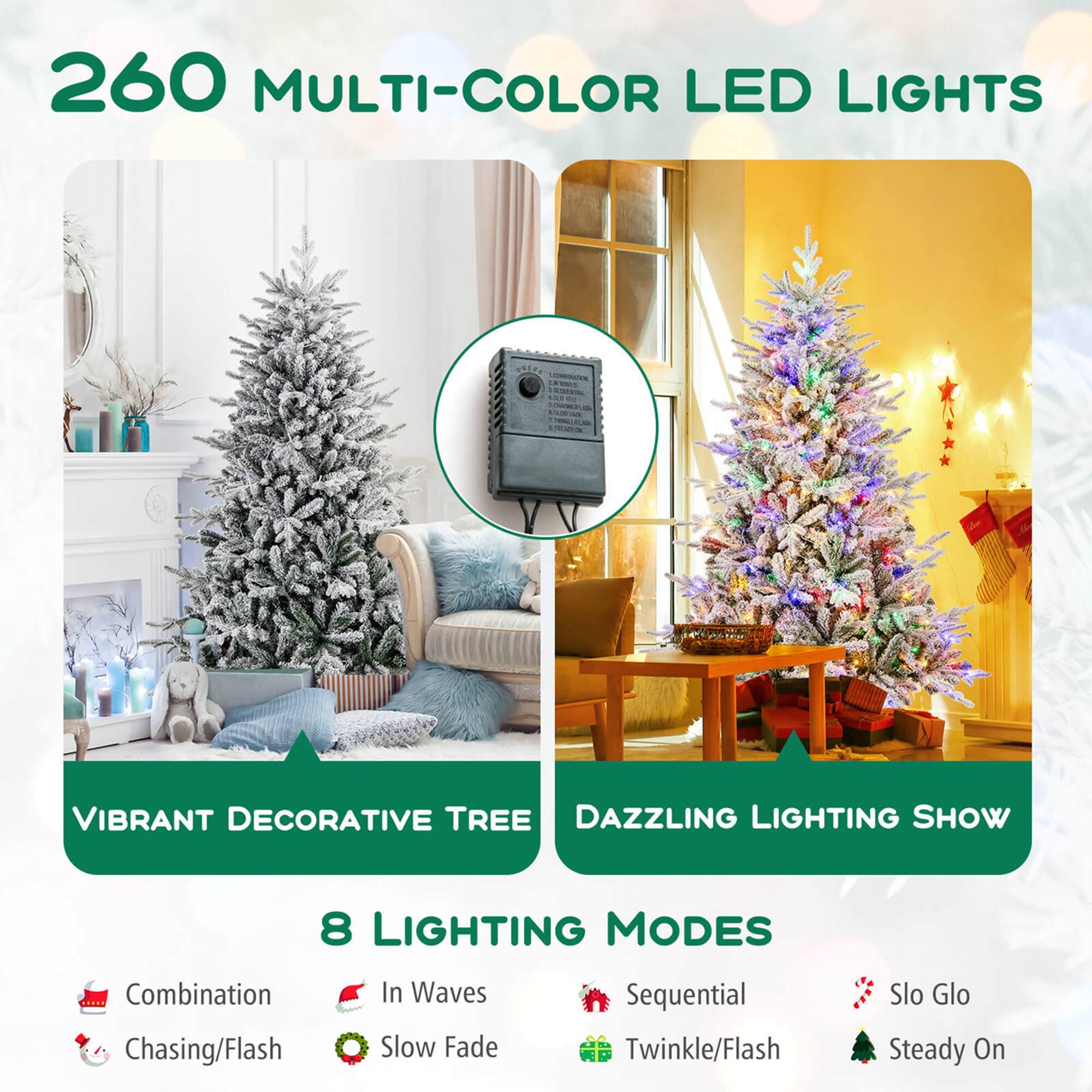 260 Multi-Color LED Lights - Vibrant Decorative Tree - Dazzling Lighting Show - 8 Lighting Modes: Combination, In Waves, Sequential, Chasing/Flash, Slow Fade, Twinkle/Flash, Slo Glo, Steady On.
