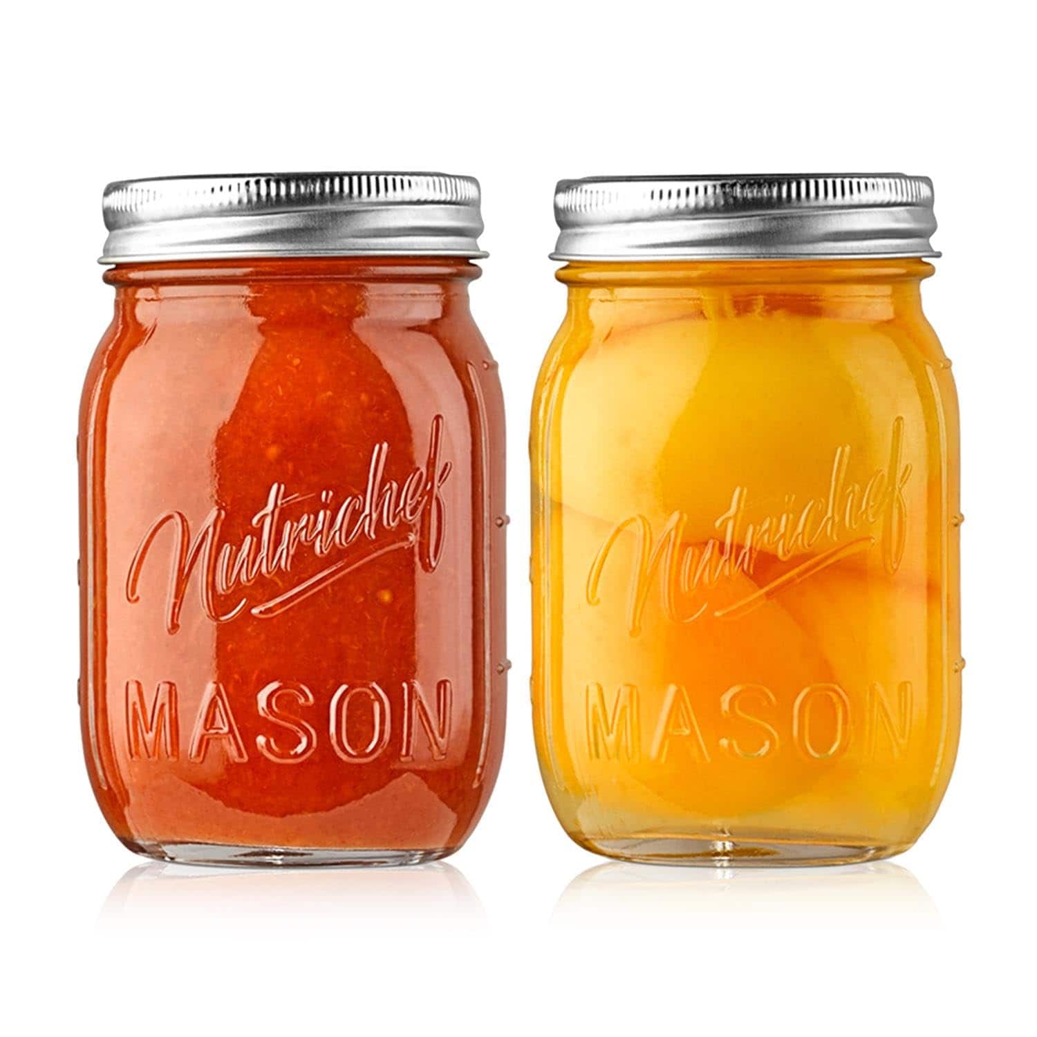 NutriChef - 2-Pack 16oz Mason Jars, Thick Glass Canning Jars with Stainless Steel Lids, Ideal for Meal Prep & Crafts