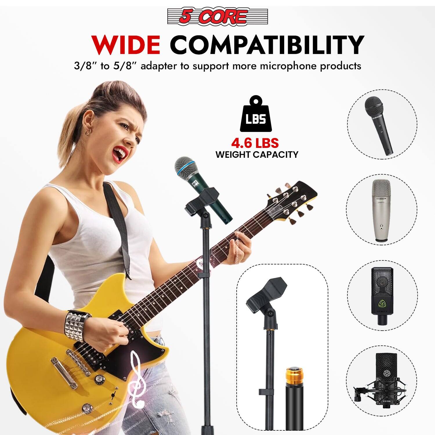 5 CORE WIDE COMPATIBILITY, 3/8" to 5/8" adapter to support more microphone products, LBS 4.6 LBS WEIGHT CAPACITY