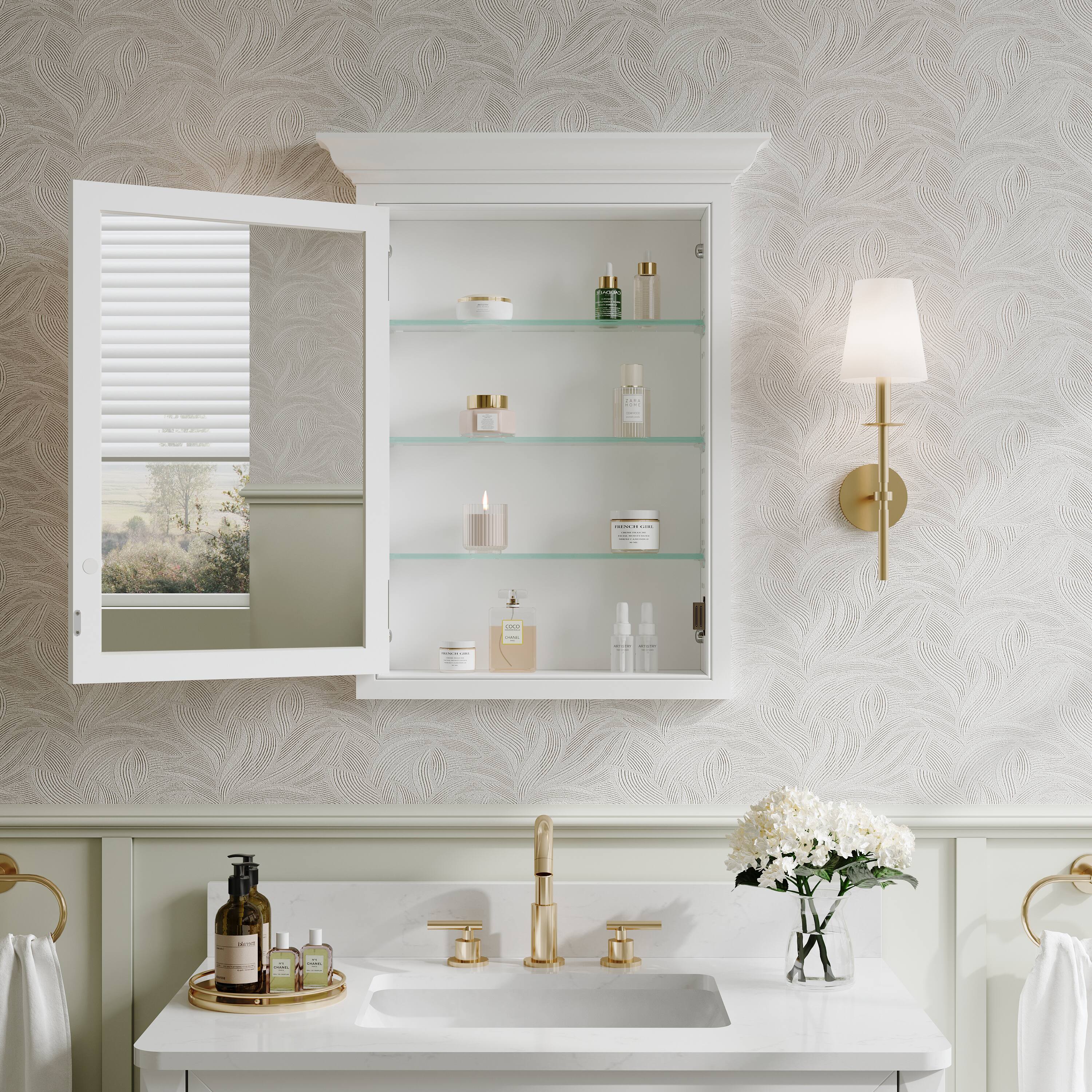 Angle. WELLFOR - 24 in. W x 30 in. H Rectangular Recessed Solid Wood Bathroom Medicine Cabinet with Mirror, Bi-view Glass Magnetic Door - White.