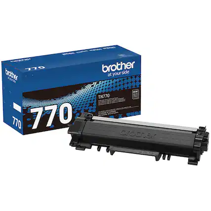 Brother 770 is a product that comes in a box, which is placed next to the actual product. The box has a blue color and is labeled with the product name. The product itself is a printer cartridge, which is also labeled with the Brother brand name.